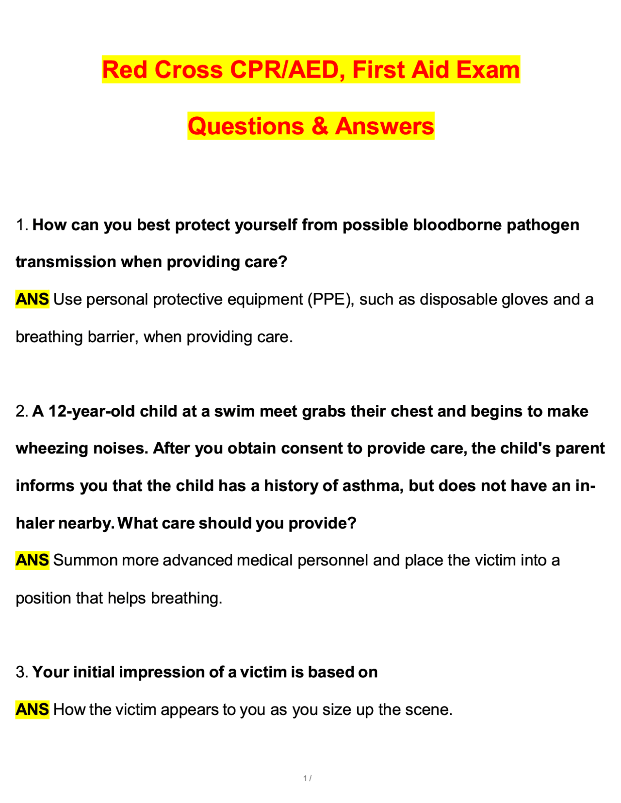 CPR AED First Aid American Red Cross Actual 2025 Questions & Verified ...