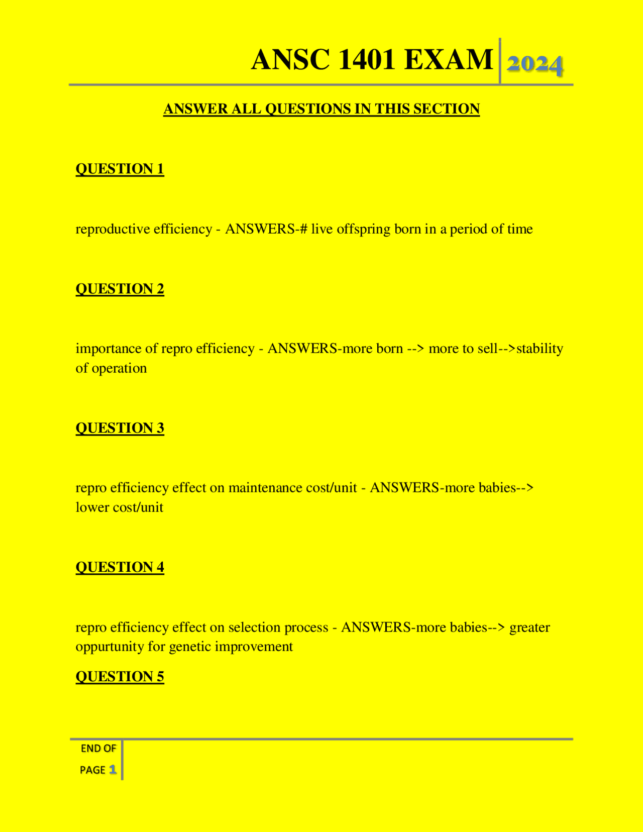 ANSC 1401 Exam: Reproductive Efficiency and Animal Anatomy | Exams ...