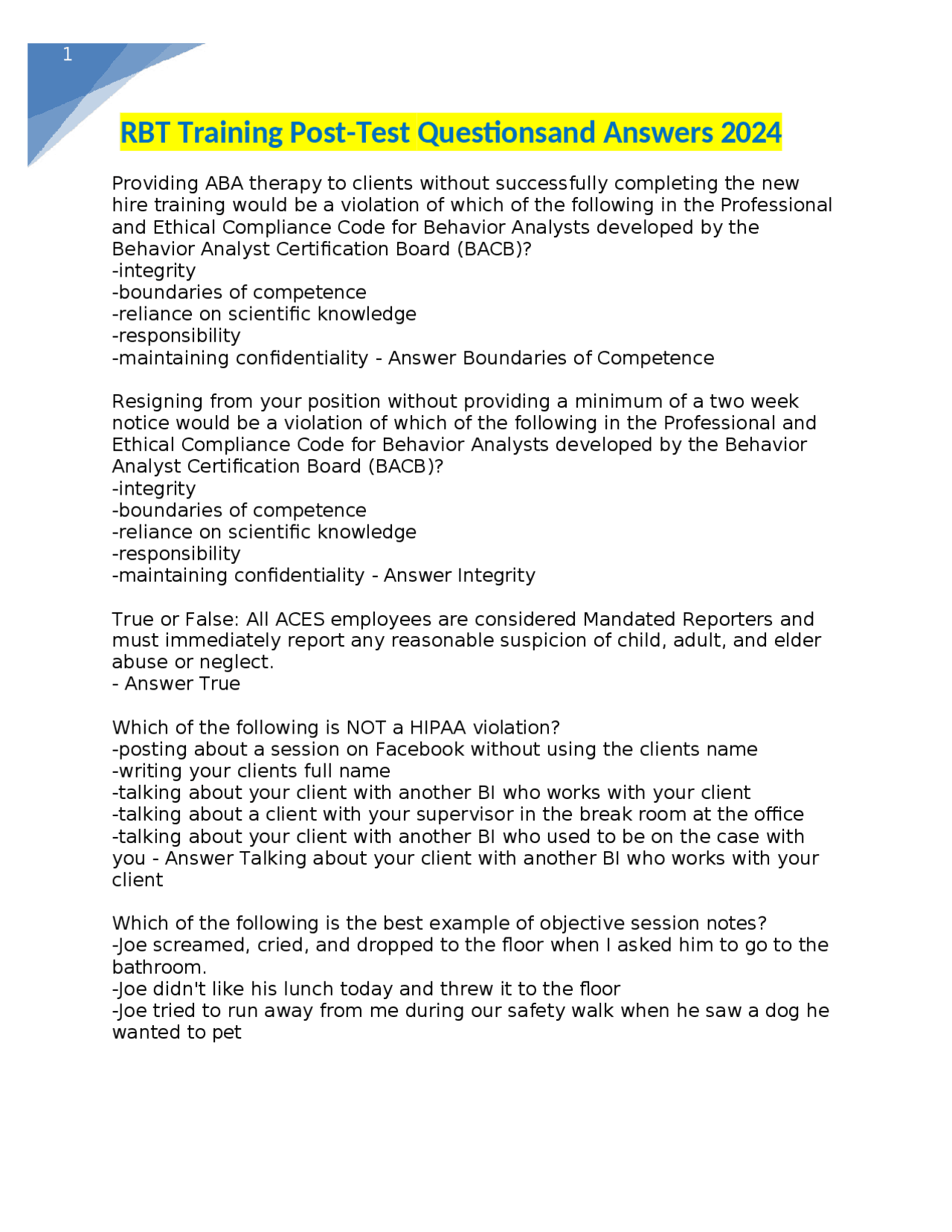 RBT Training Post-Test Questions & Answers 2024: A Comprehensive Guide ...