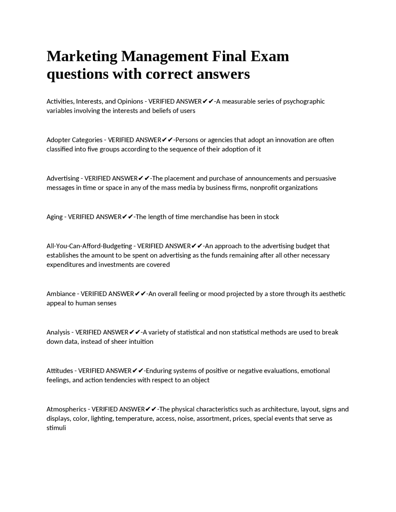 Marketing Management Final Exam questions with correct answers. | Exams ...