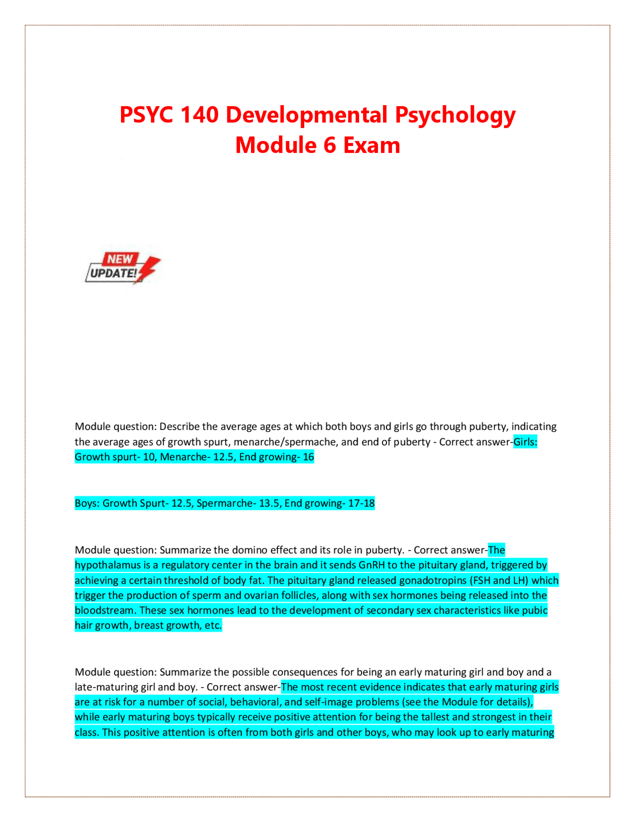 PSYC 140 Developmental Psychology Module 6 Exam | Exams Developmental ...