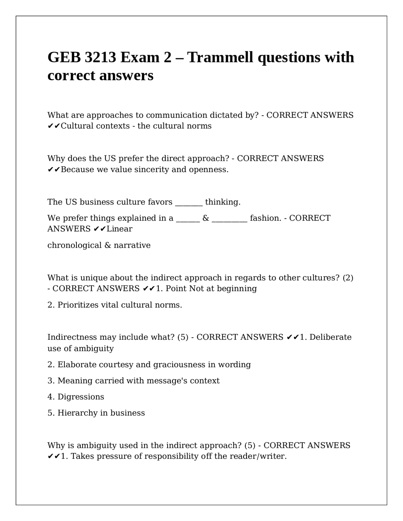 GEB 3213 Exam 2 – Trammell questions with correct answers | Exams ...