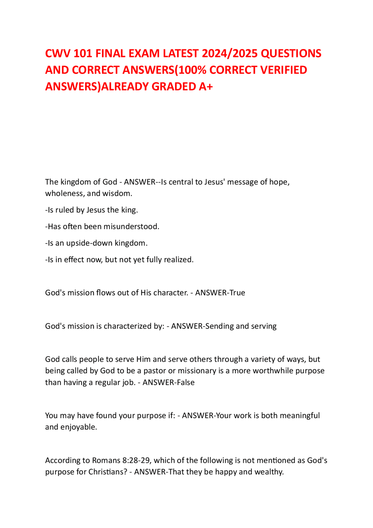 CWV 101 FINAL EXAM LATEST 2024/2025 QUESTIONS AND CORRECT ANSWERS(100% ...