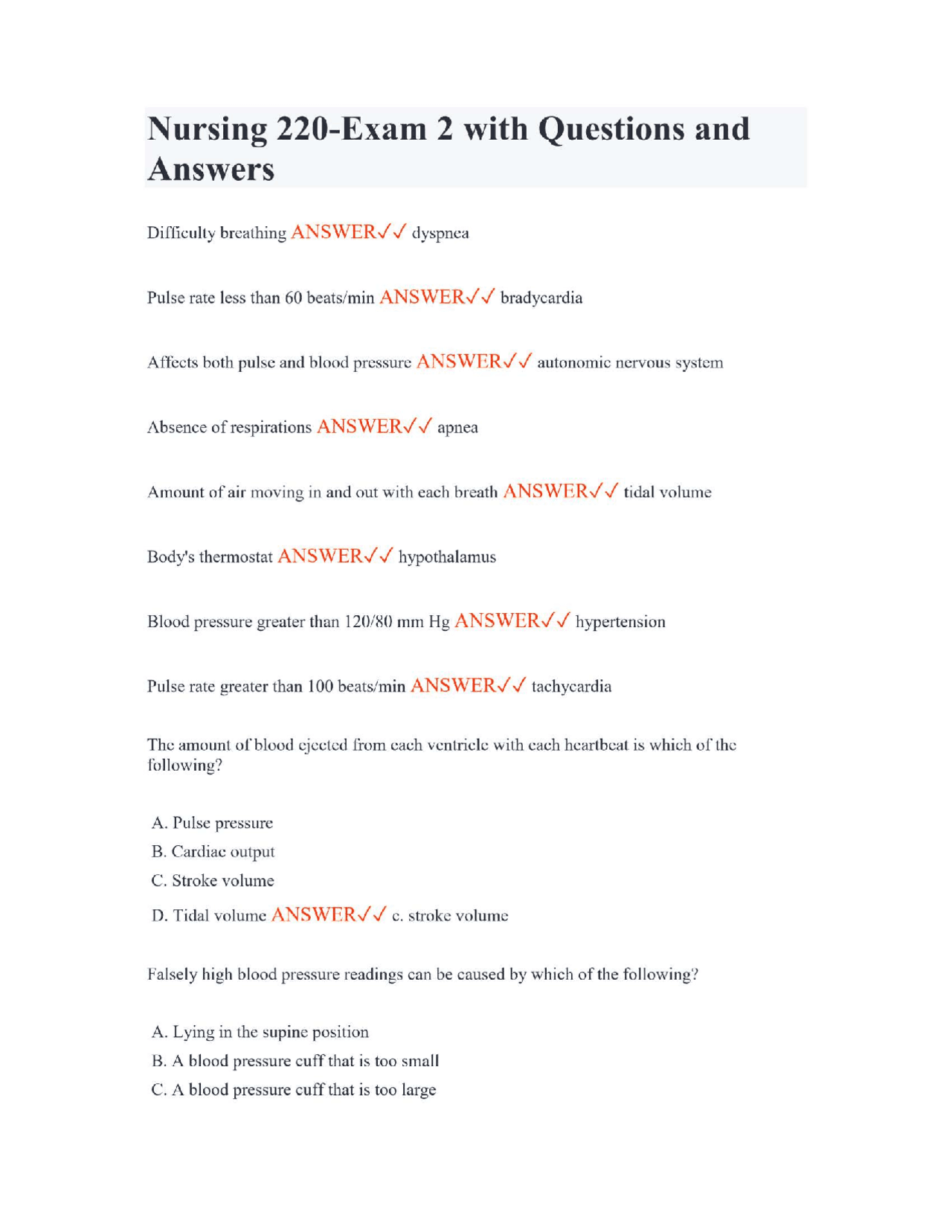 Nursing 220-Exam 2 with Questions and Answers | Exams Nursing | Docsity