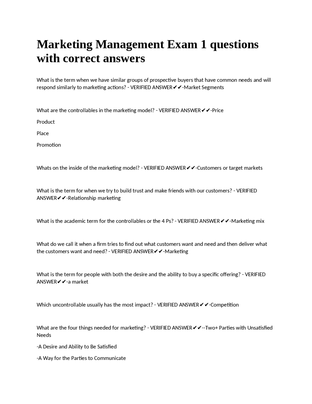 Marketing Management Exam 1 Questions and Answers | Exams Marketing ...