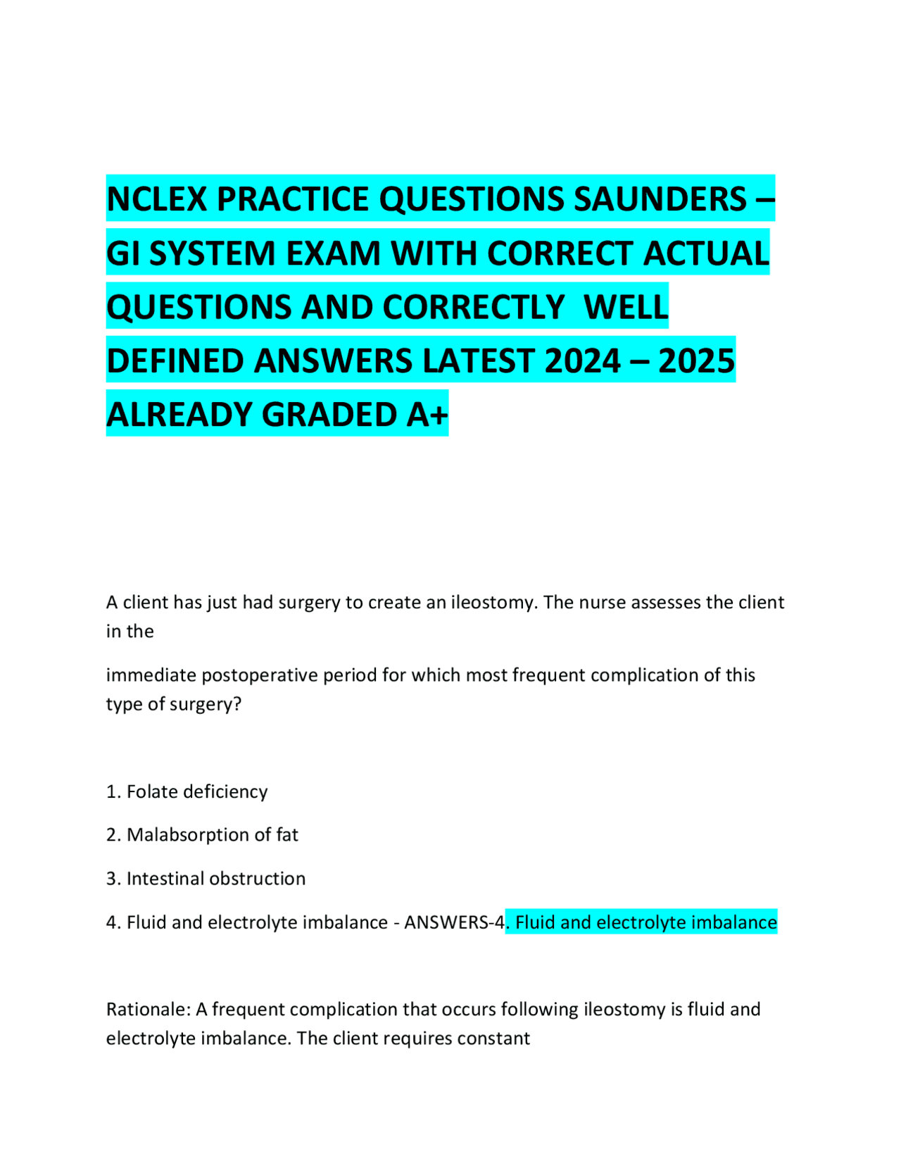 NCLEX PRACTICE QUESTIONS SAUNDERS – GI SYSTEM EXAM WITH CORRECT ACTUAL ...