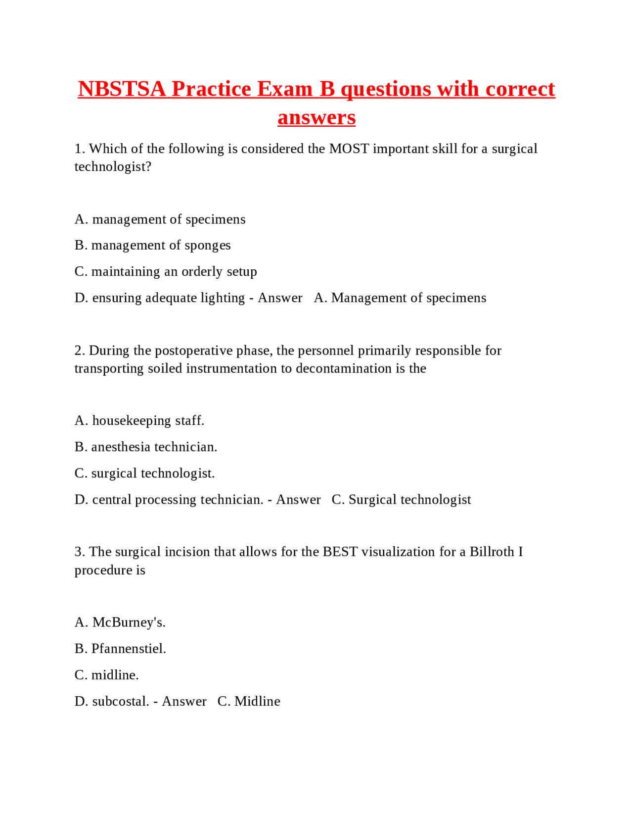 NBSTSA Practice Exam B: Surgical Technology Questions and Answers ...