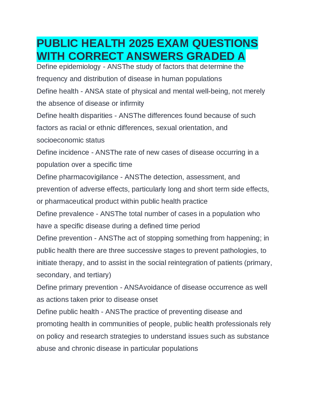 PUBLIC HEALTH 2025 EXAM QUESTIONS WITH CORRECT ANSWERS GRADED A | Exams ...