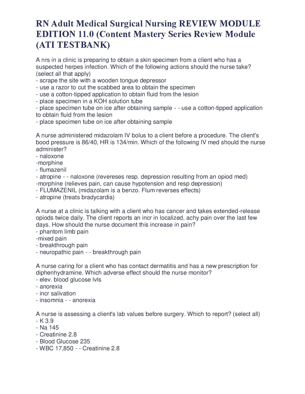 RN Adult Medical Surgical Nursing REVIEW MODULE EDITION 11.0 | Exams ...