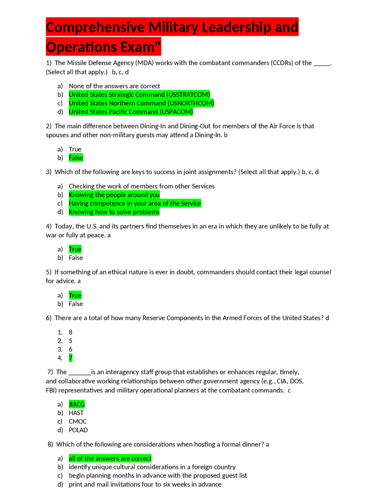 Military Leadership & Operations Exam: Multiple Choice Questions ...