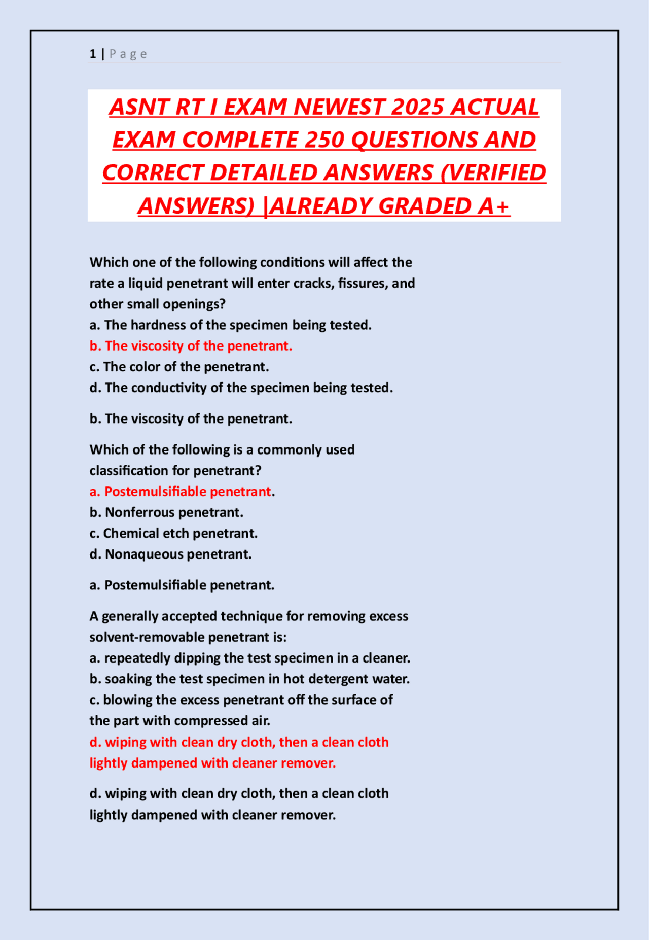 ASNT RT I EXAM NEWEST 2025 ACTUAL EXAM COMPLETE 250 QUESTIONS AND ...
