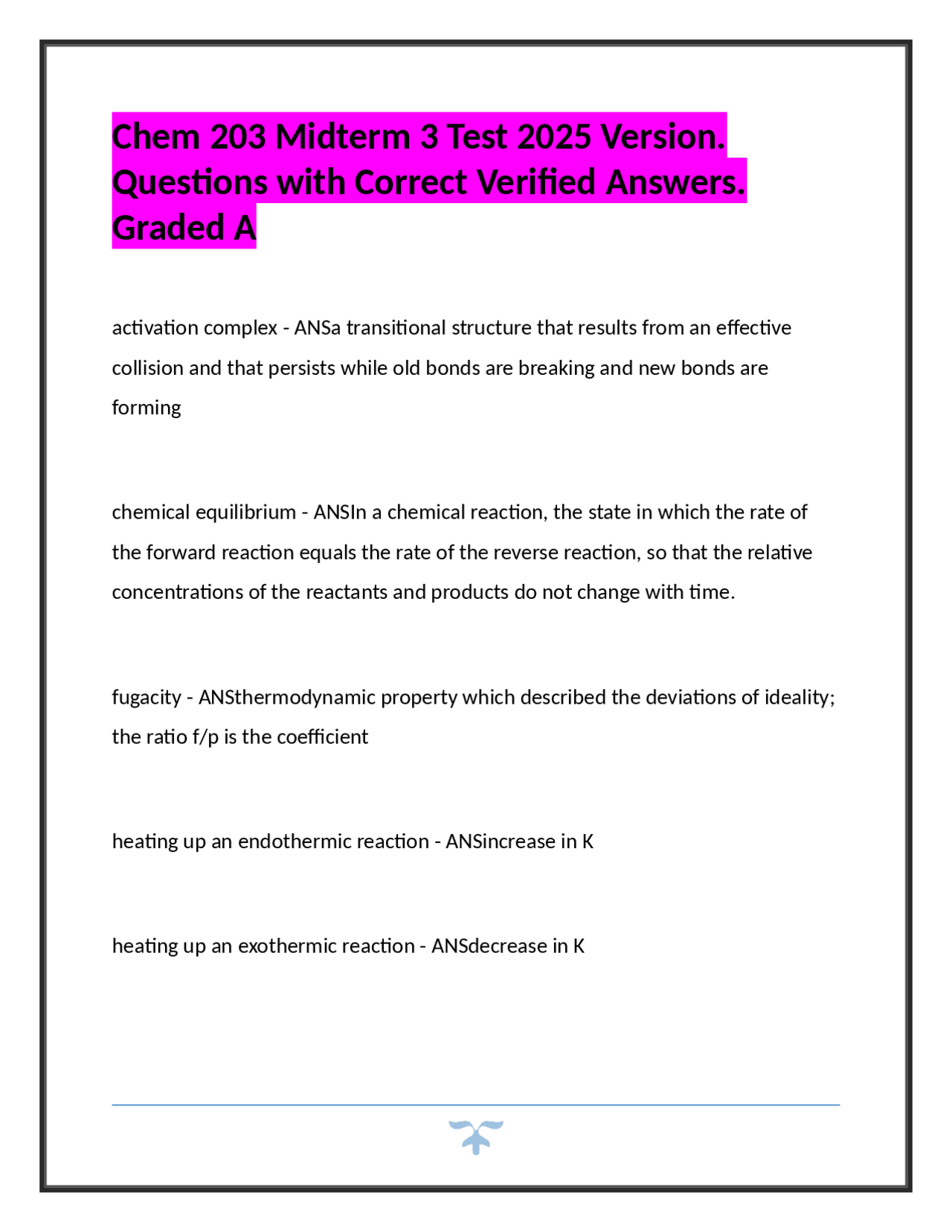 Chem 203 Midterm 3 Test 2025 Version. Questions with Correct Verified ...