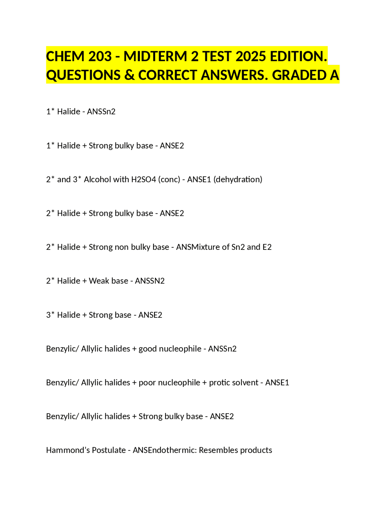 CHEM 203 - Midterm 2 Test 2025 Edition: Questions & Correct Answers ...