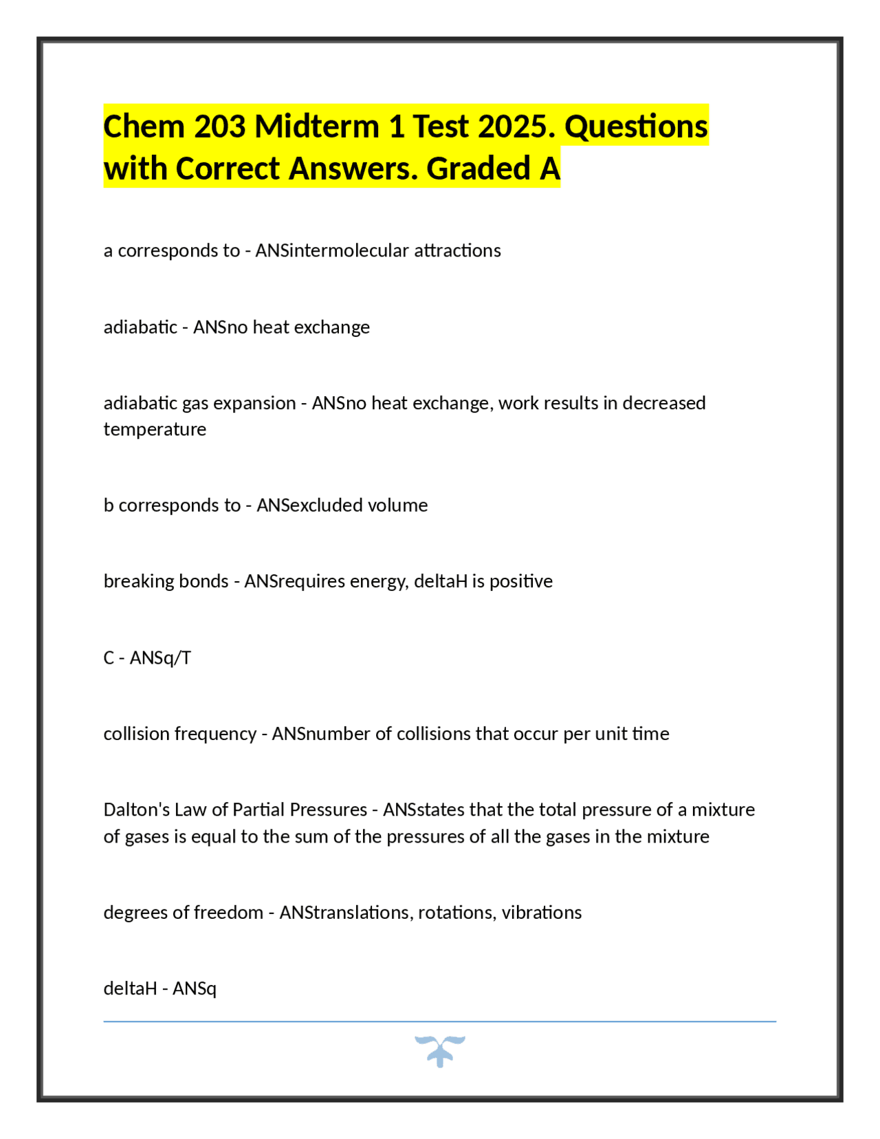 Chem 203 Midterm 1 Test 2025: Questions and Answers | Exams Chemistry ...