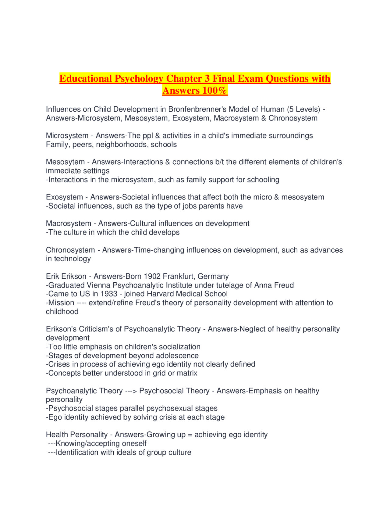 Educational Psychology Chapter 3 Final Exam Questions with Answers 100% ...
