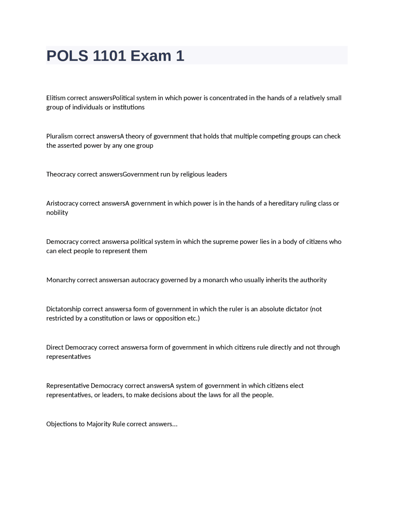 POLS 1101 Exam 1: Key Concepts and Principles in American Government ...