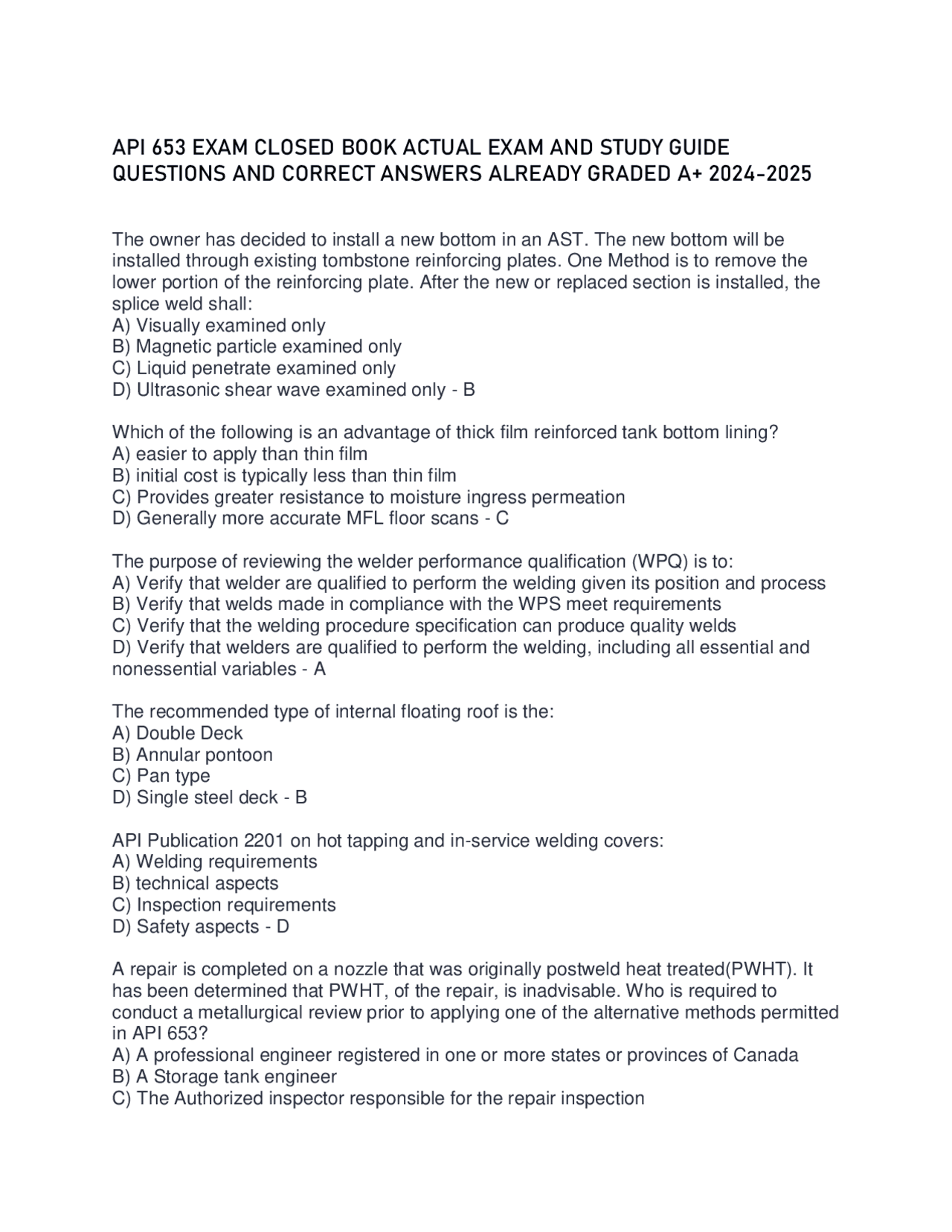 API 653 Exam Closed Book Study Guide: Questions and Answers for 2024 ...