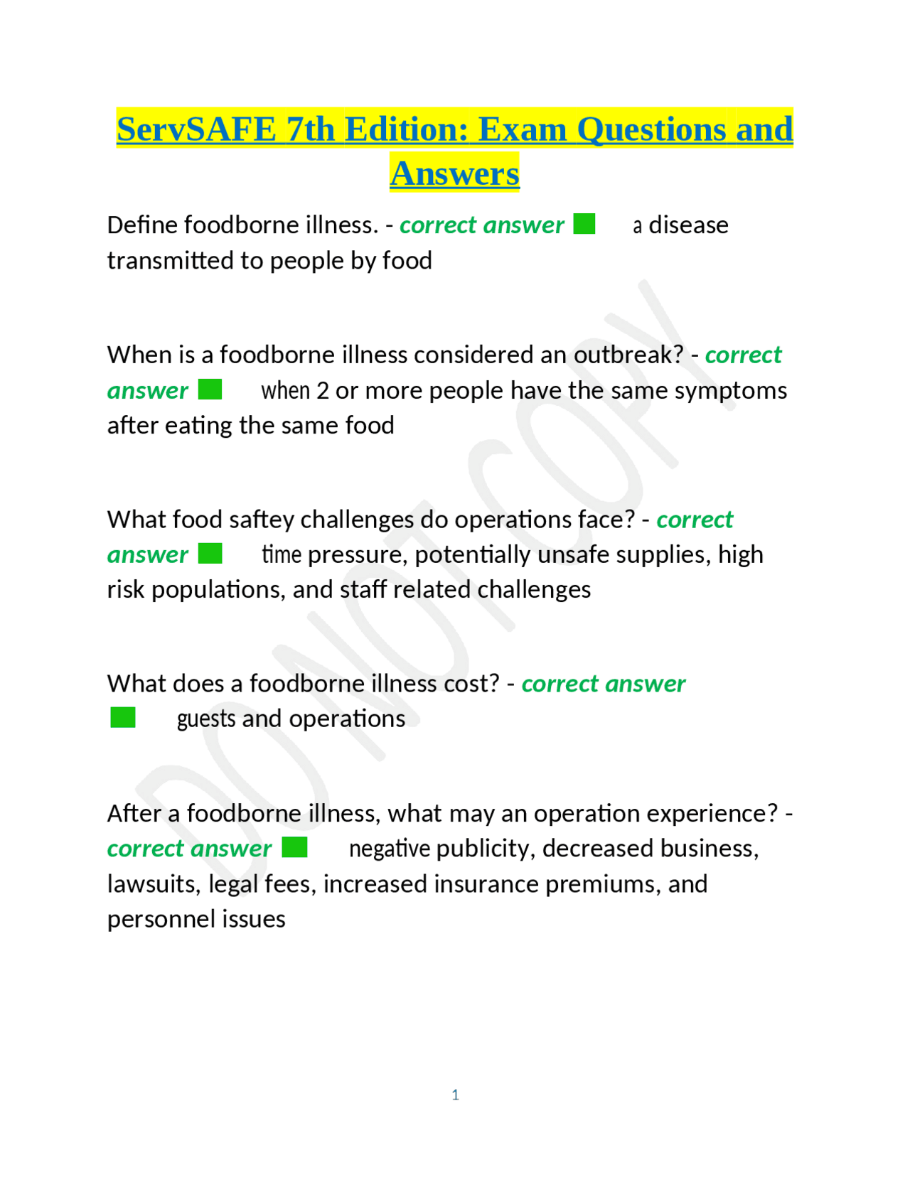 ServSAFE 7th Edition Exam Questions and Answers: Food Safety ...