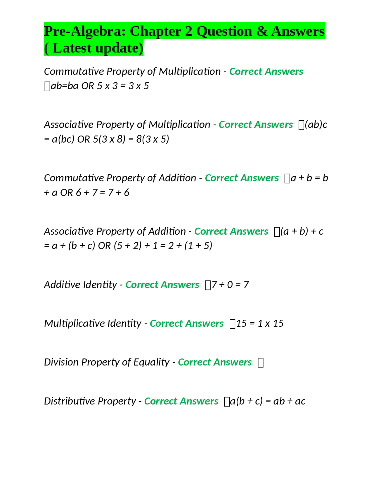 Pre-Algebra: Chapter 2 Question & Answers ( Latest update) | Exams ...