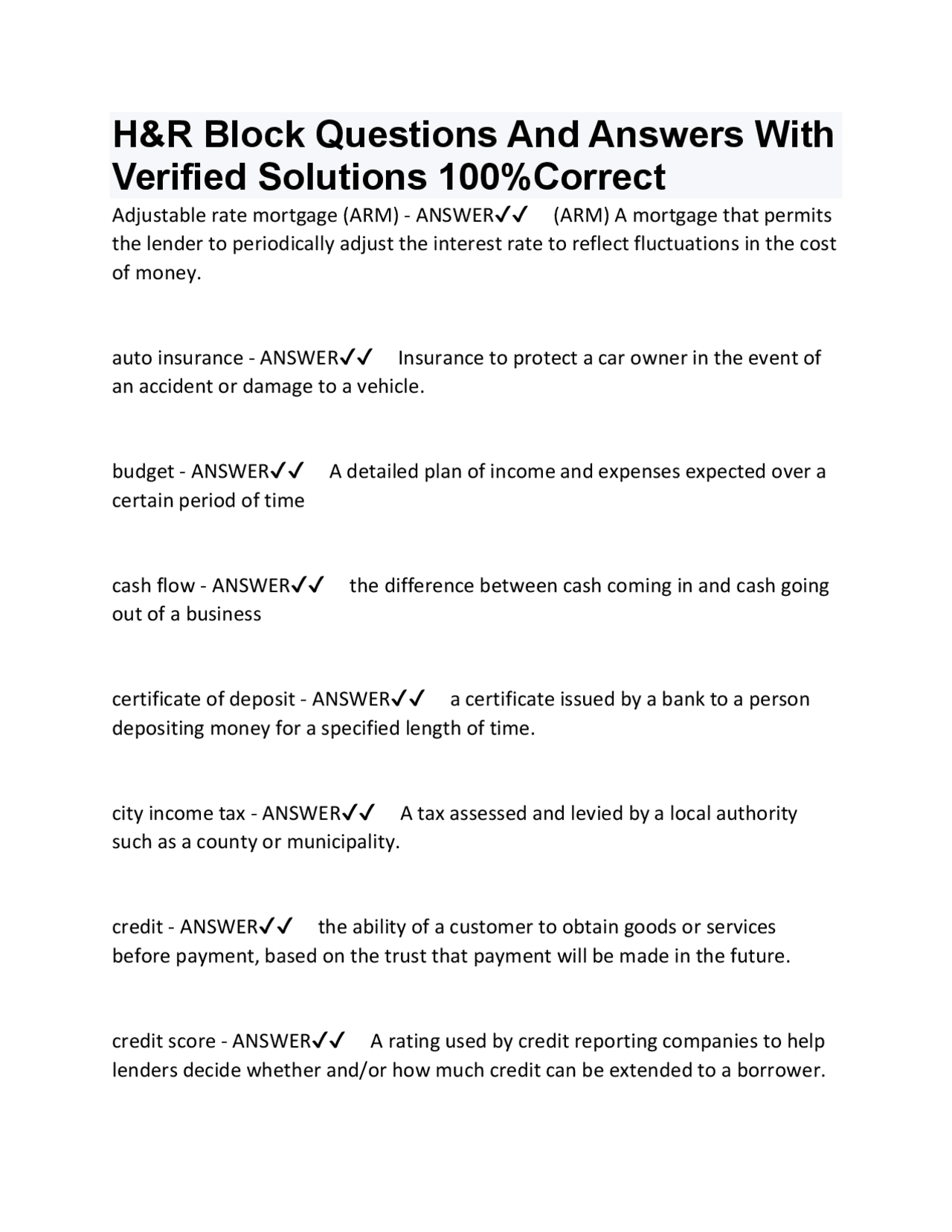 H R Block Interview Guide.pdf H&R Block Questions And Answers With Verified Solutions 100%Correct ...
