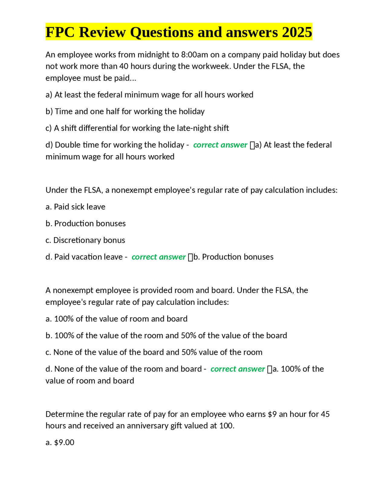 FLSA and Payroll Compliance Review Questions and Answers | Exams ...