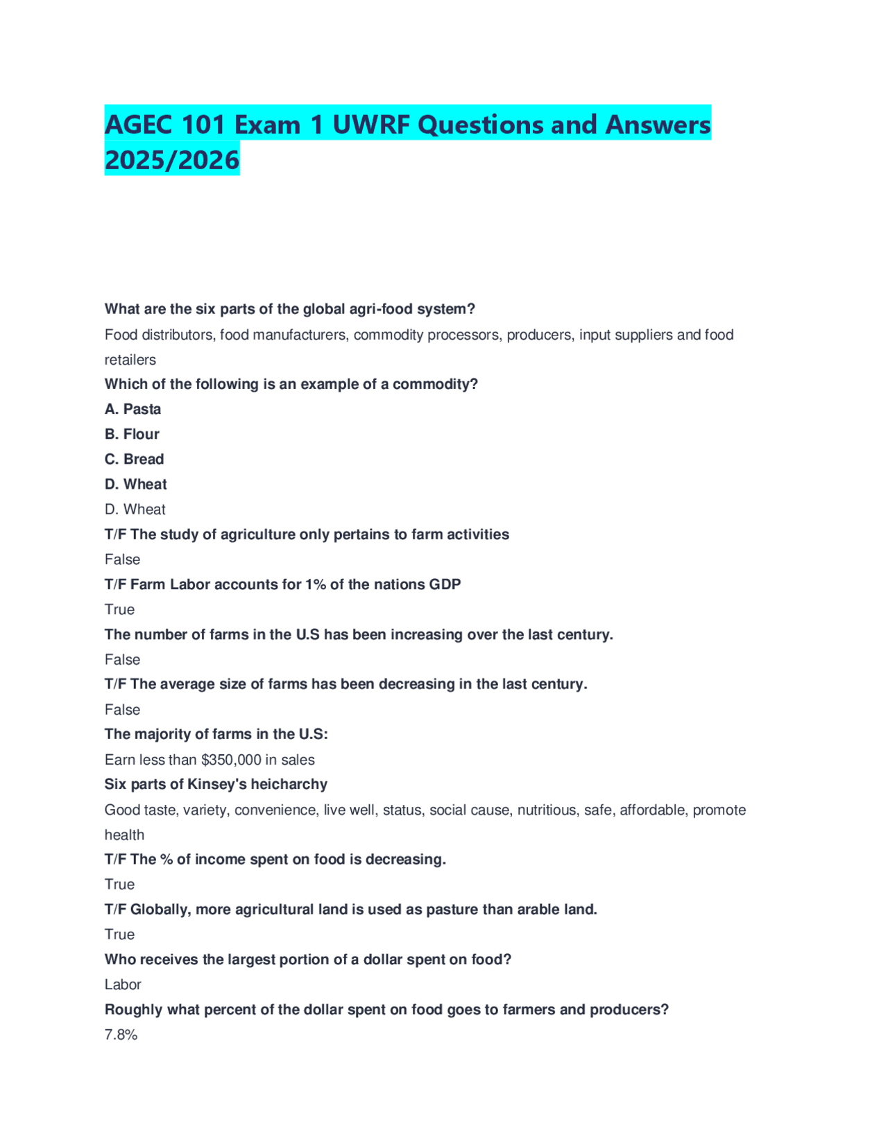 AGEC 101 Exam 1 UWRF: Questions and Answers on the Global Agri-Food ...
