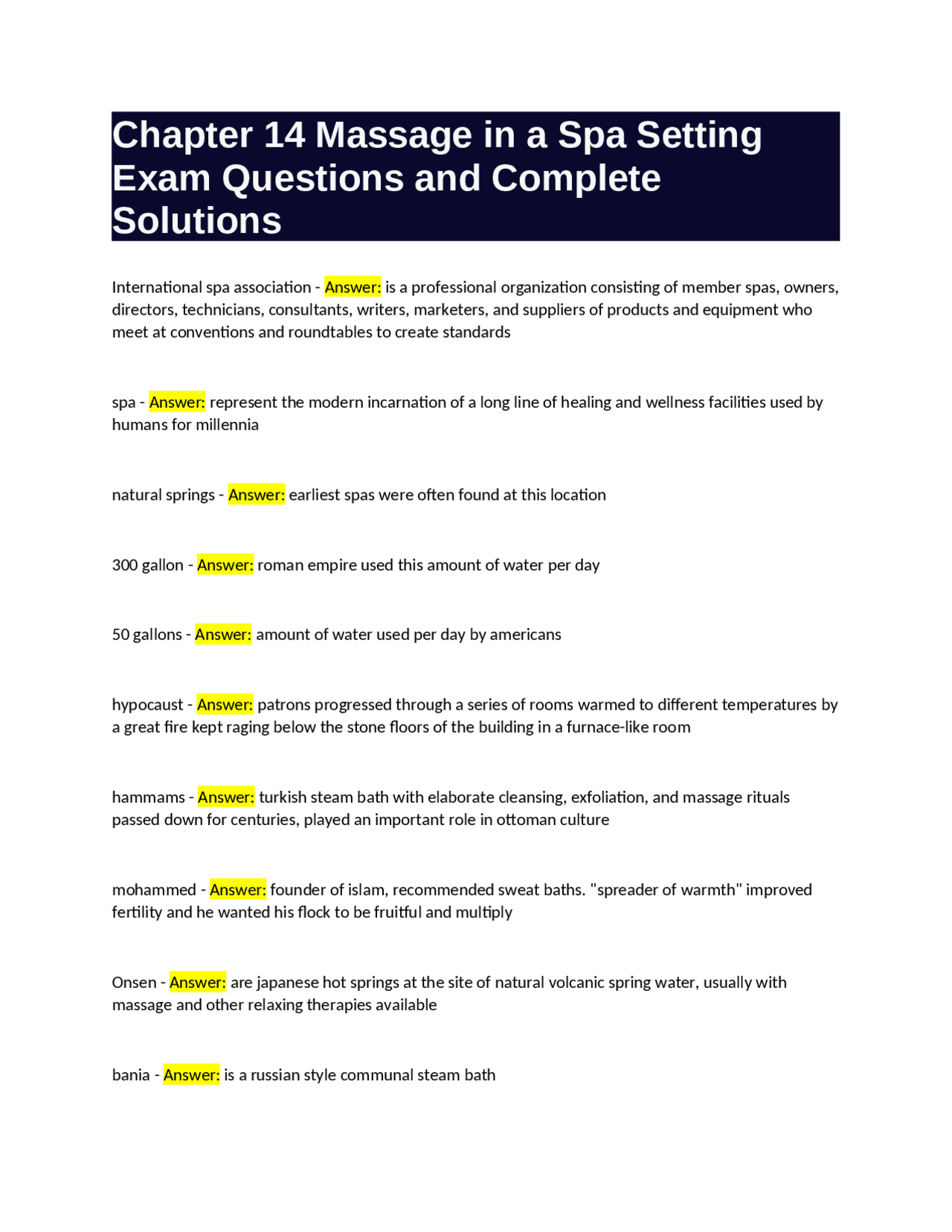 Chapter 14 Massage in a Spa Setting Exam Questions and Complete ...