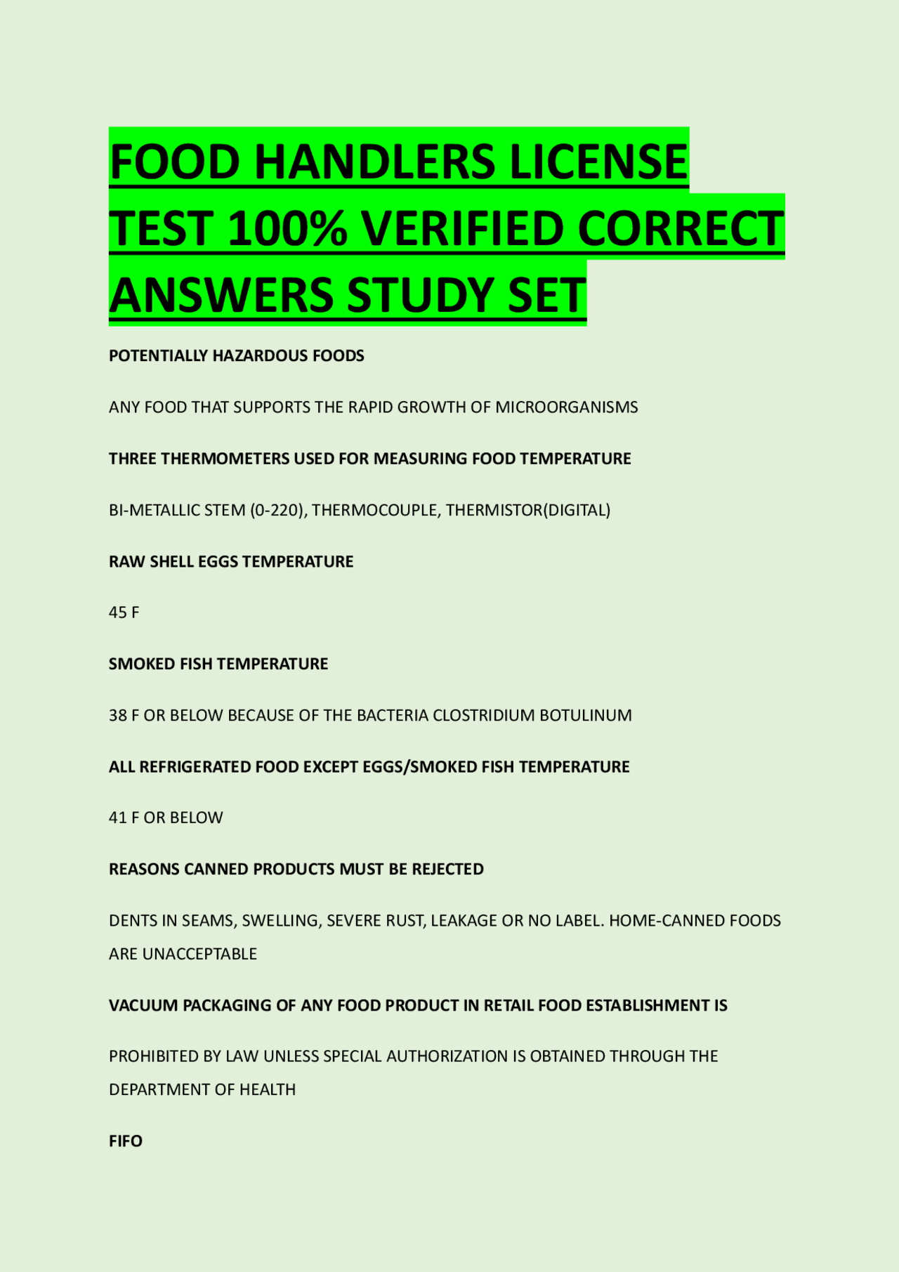 FOOD HANDLERS LICENSE TEST 100% VERIFIED CORRECT ANSWERS STUDY SET ...
