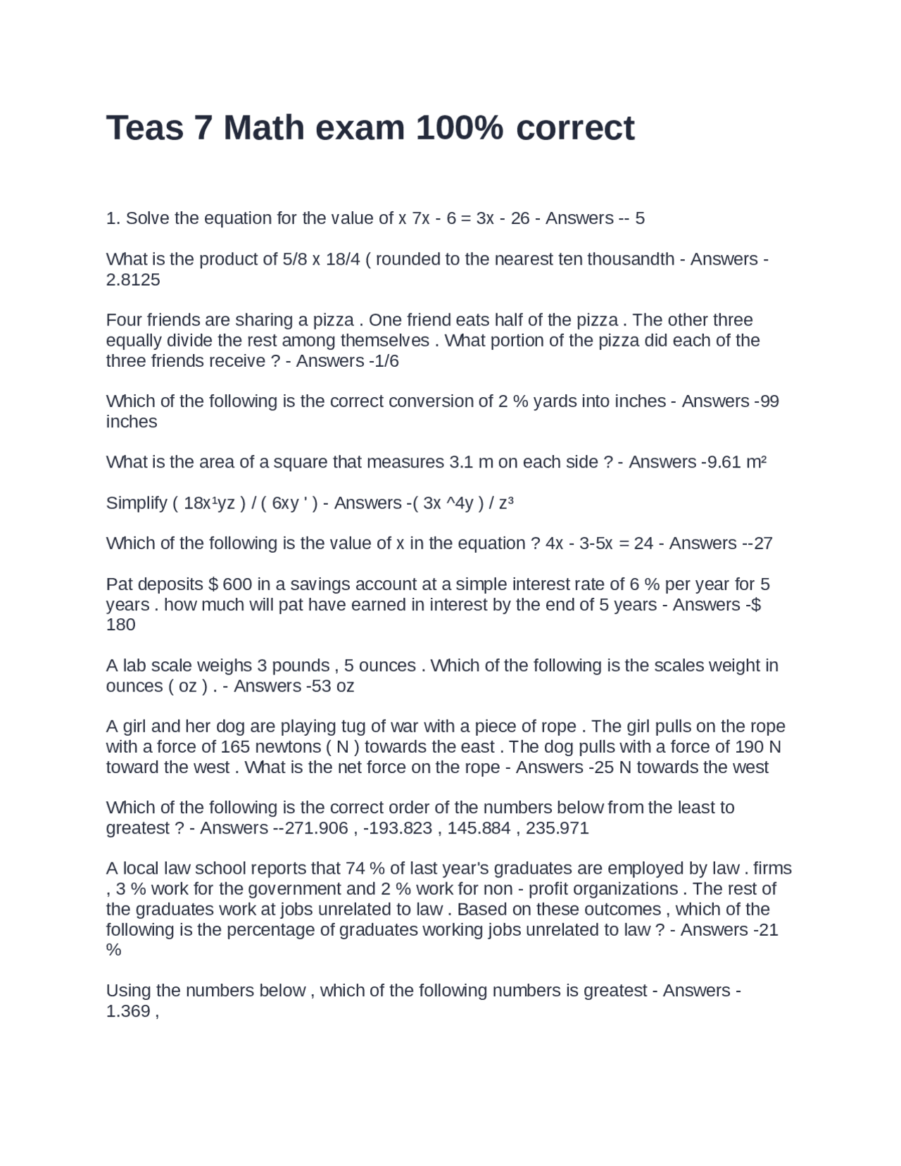 Teas 7 Math Exam With Questions and Correct Answers | Exams Nursing ...