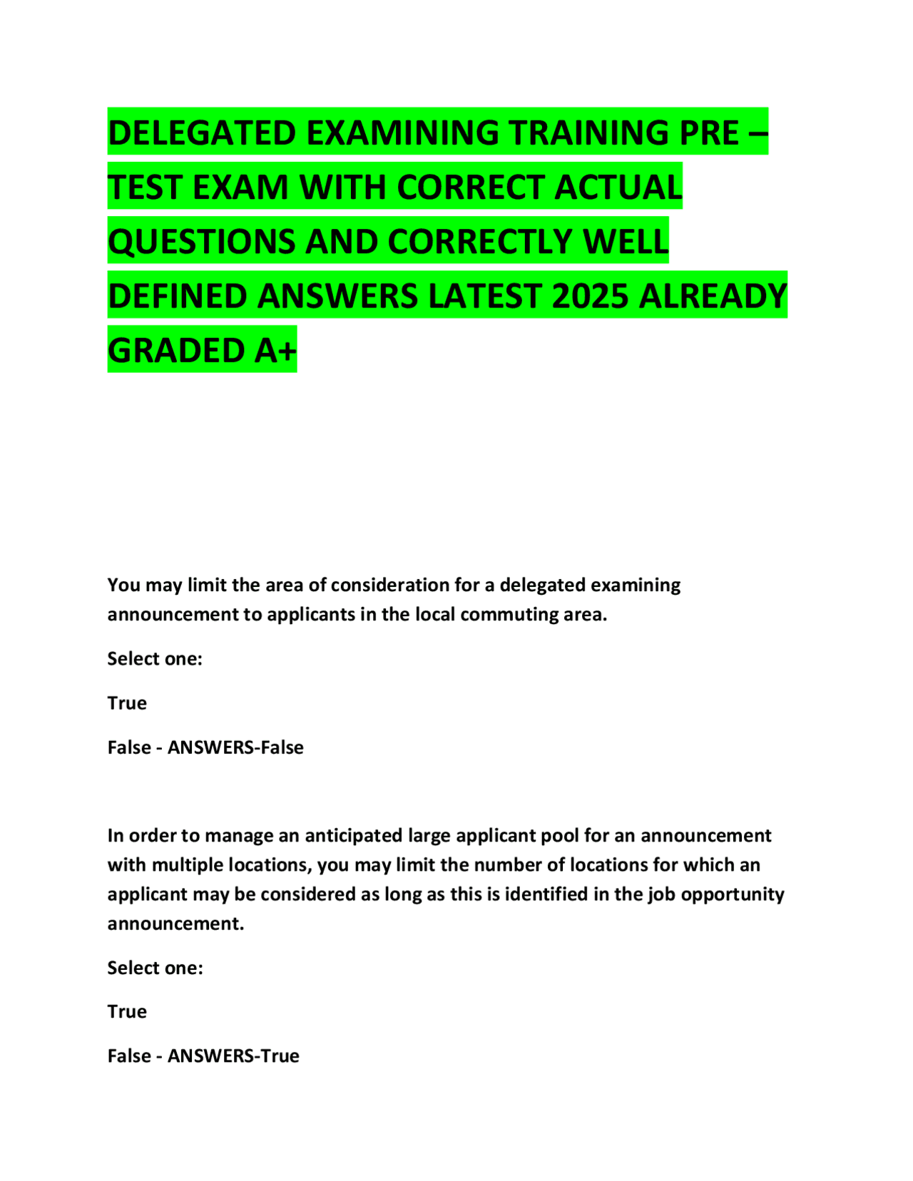 Delegated Examining Training: Pre-Test Exam with Correct Answers ...