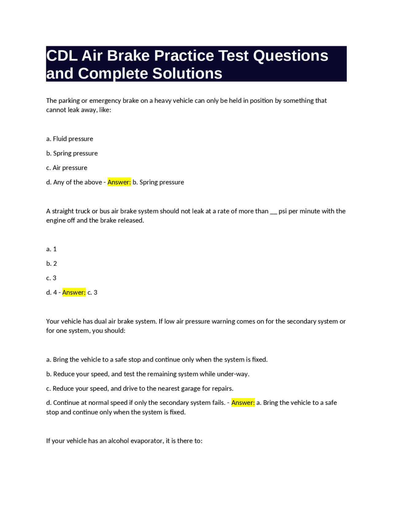 CDL Air Brake Practice Test Questions and Answers | Exams Law | Docsity
