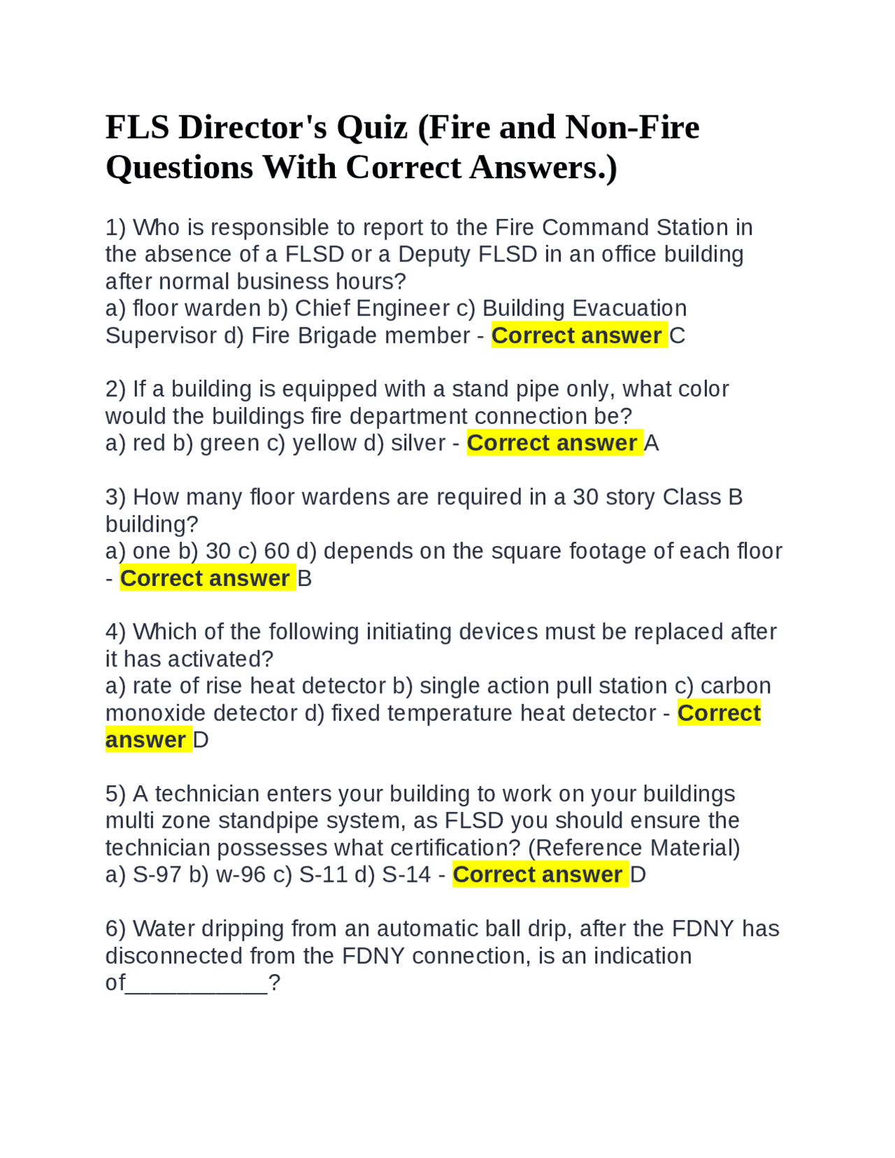 FLS Director's Quiz (Fire and Non-Fire Questions With Correct Answers ...