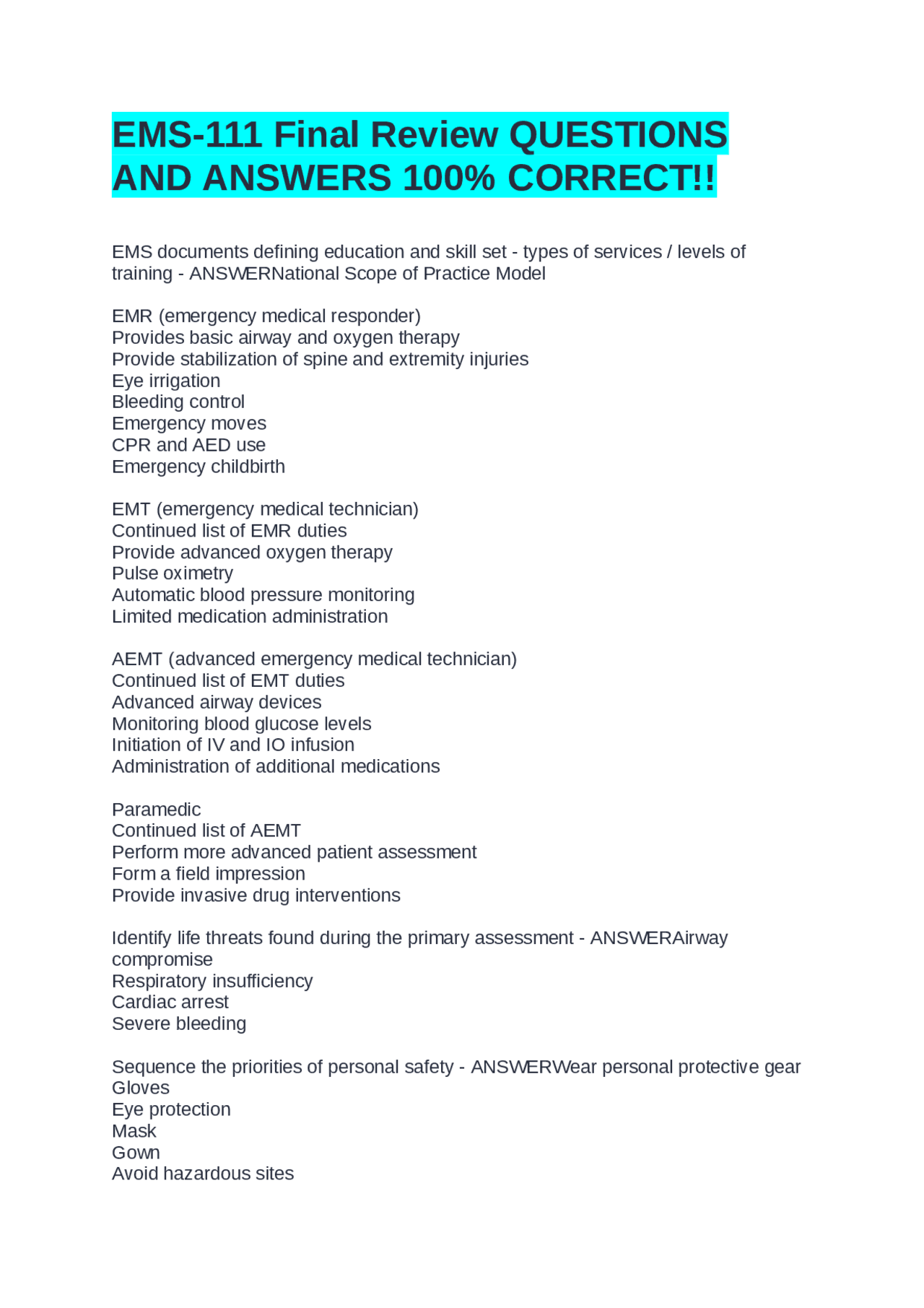 EMS-111 Final Review: Questions and Answers for Emergency Medical ...