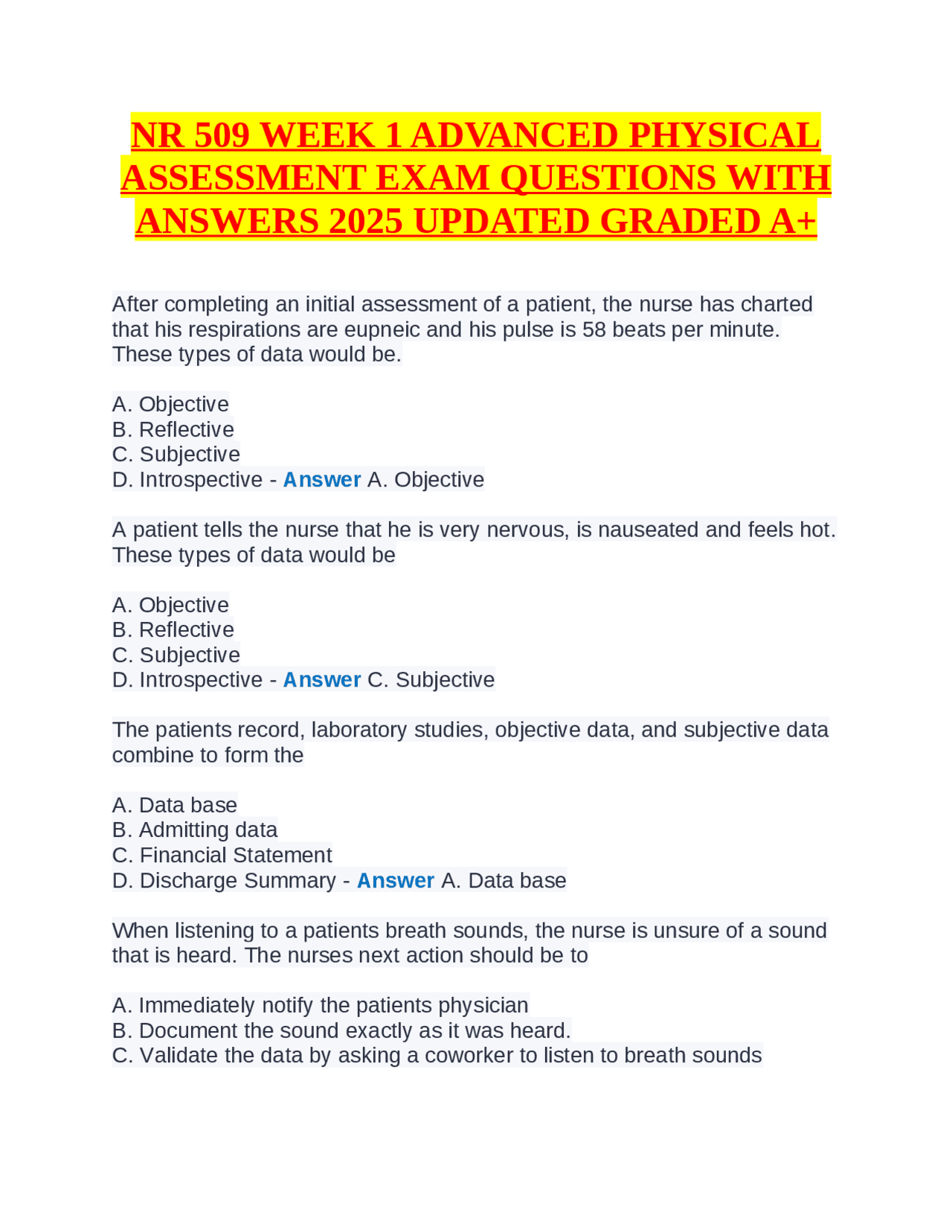 NR 509 Week 1 Advanced Physical Assessment Exam Questions and Answers ...
