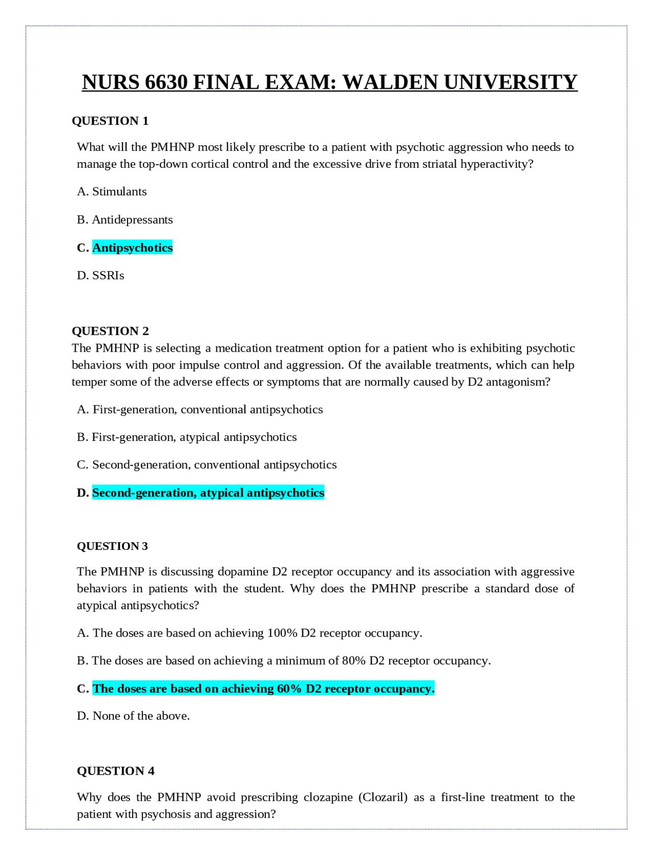 NURS 6630 Final Exam: Walden University - Psychiatric Medications and ...