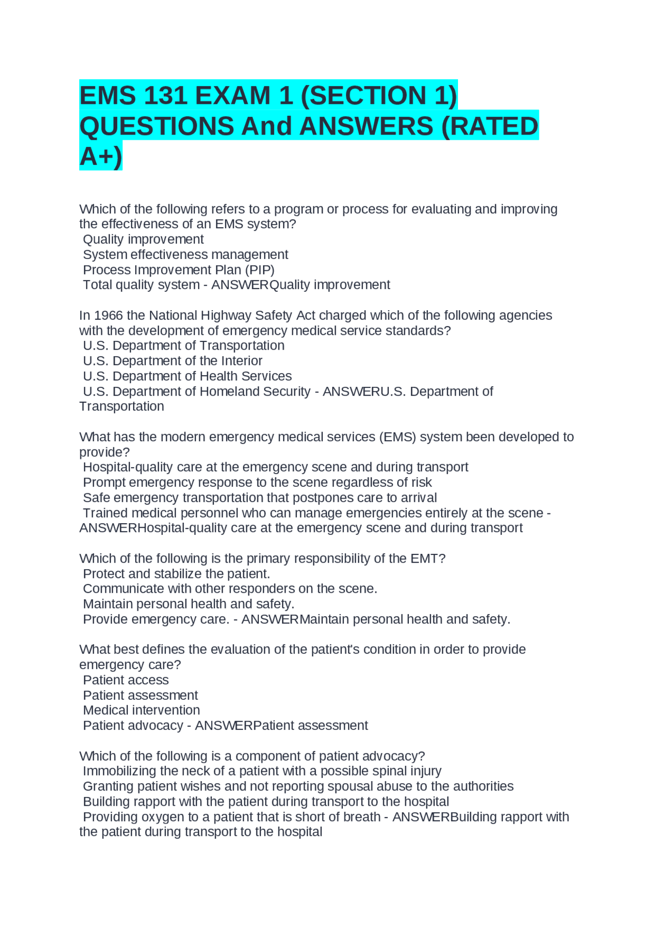 EMS 131 Exam 1 (Section 1) Questions and Answers | Exams Nursing | Docsity