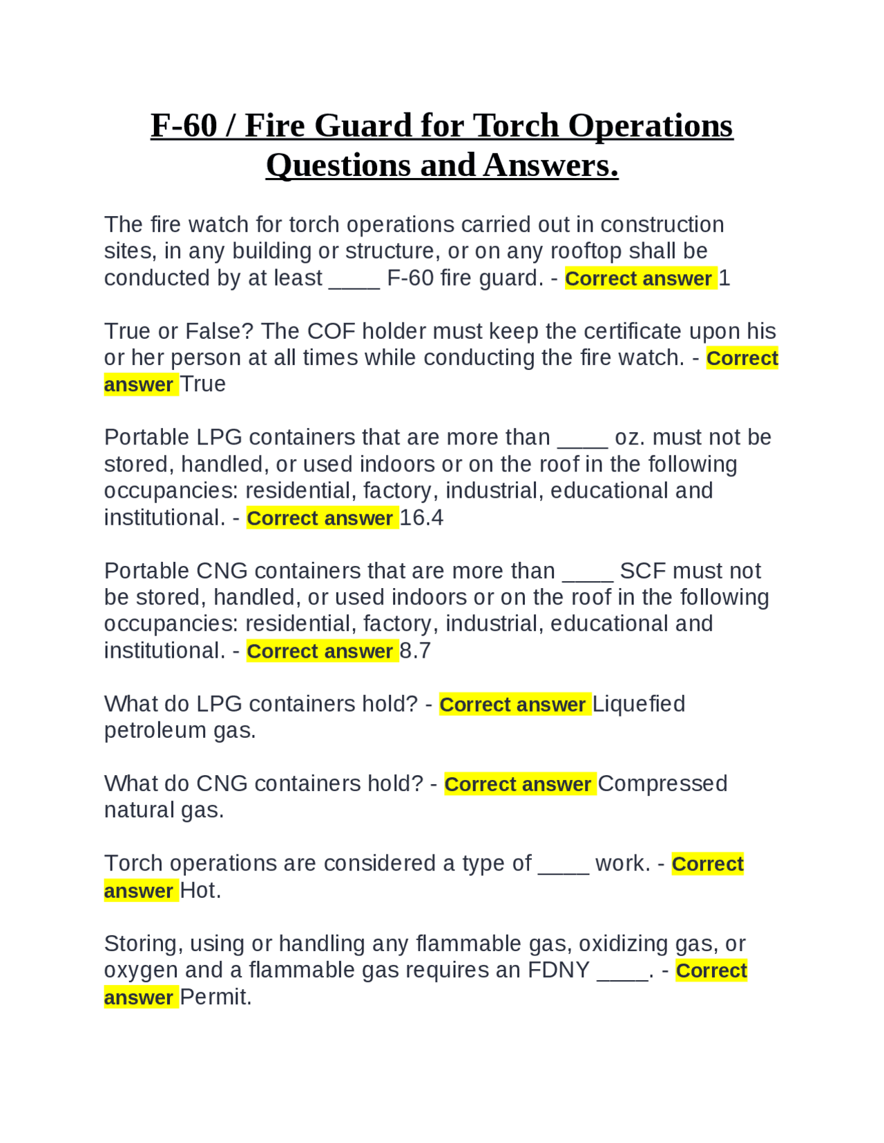 F-60 / Fire Guard for Torch Operations Questions and Answers. | Exams Safety and Fire ...