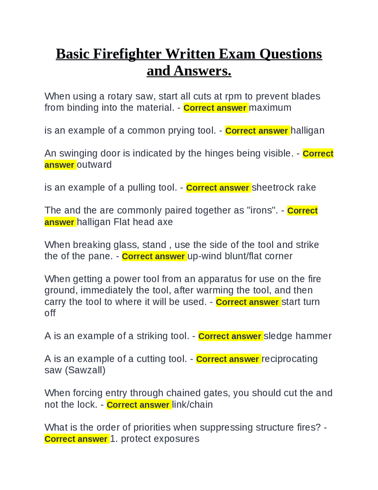 Basic Firefighter Written Exam Questions and Answers. | Exams Safety ...