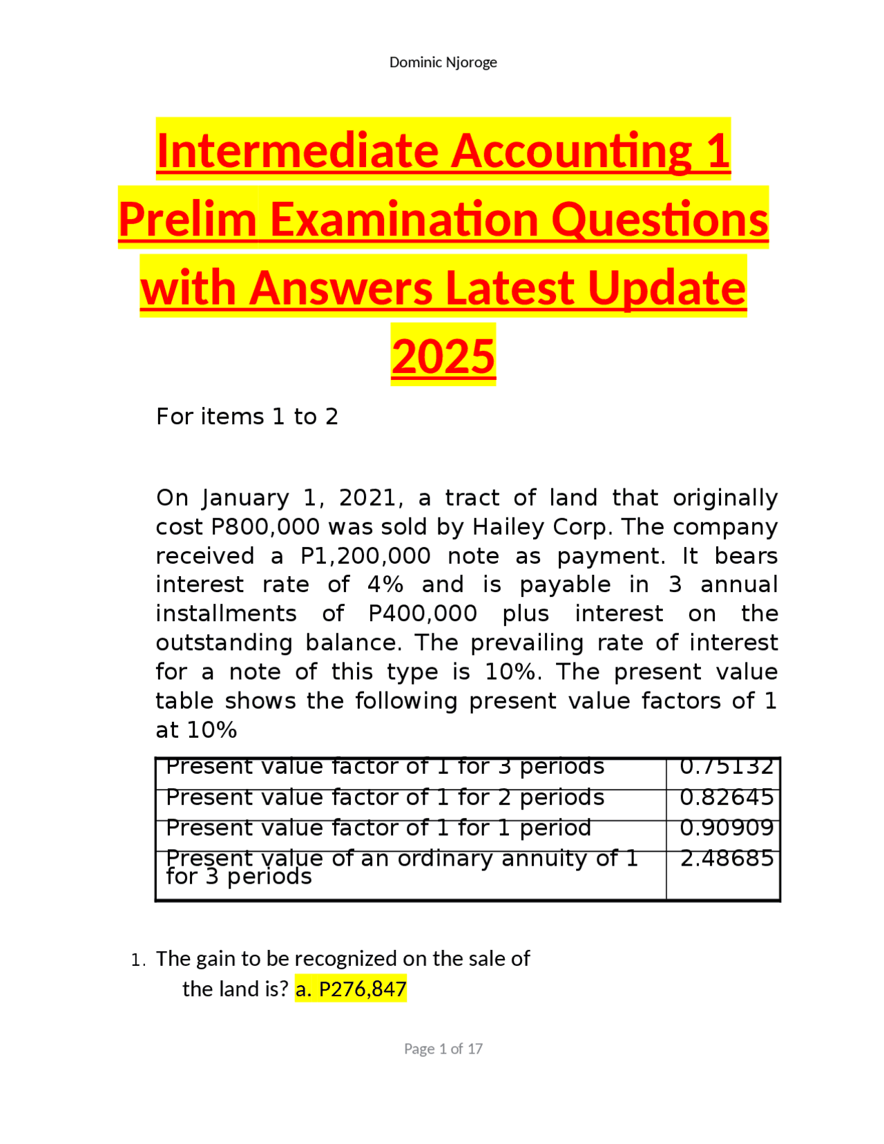 Intermediate Accounting 1 Prelim Examination Questions with Answers ...