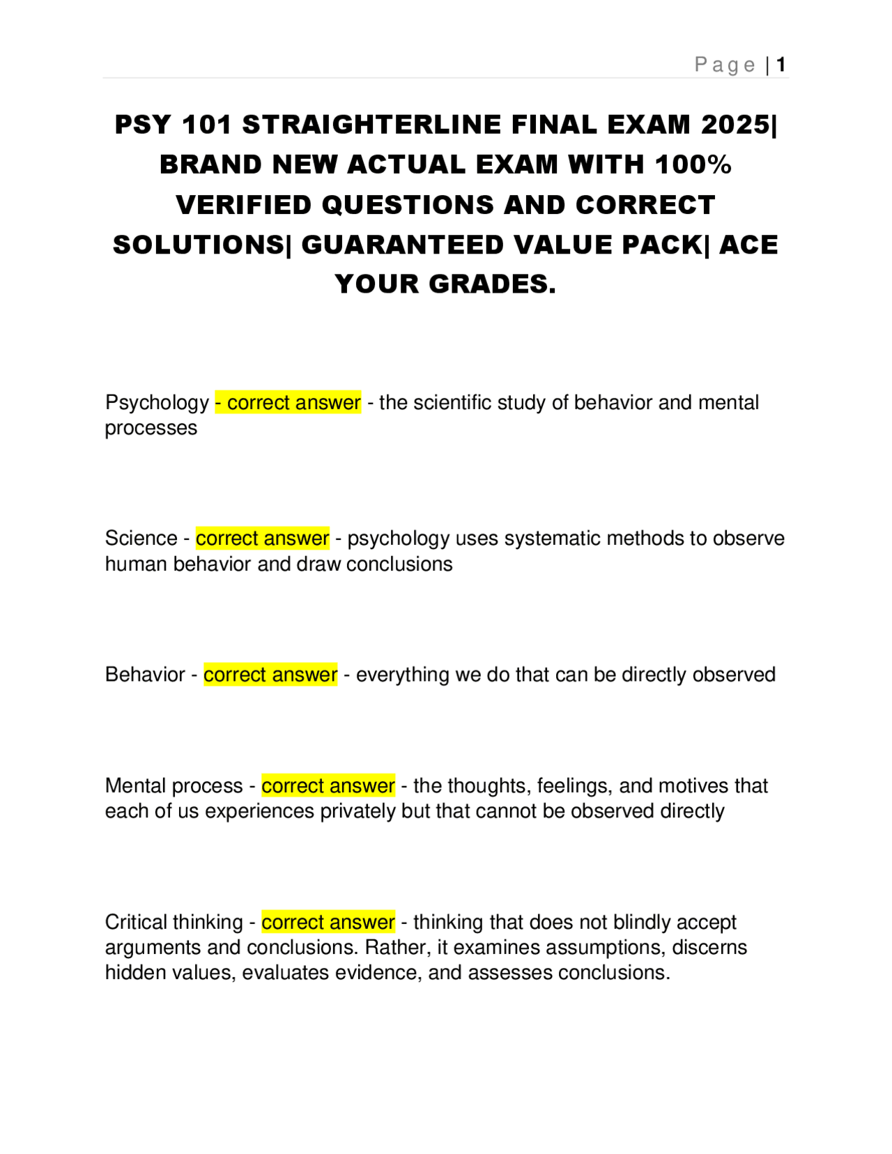 PSY 101 Final Exam: Key Concepts and Definitions in Psychology | Exams ...