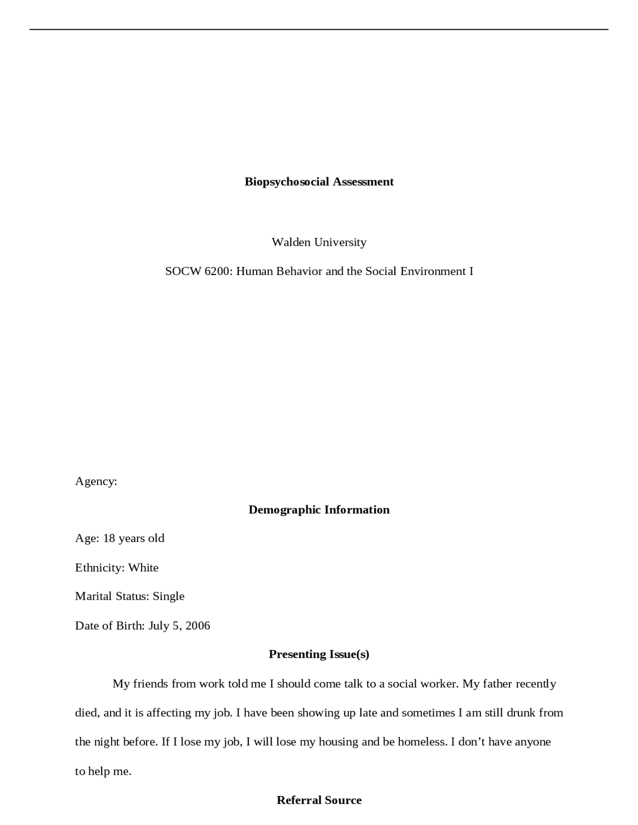 Biopsychosocial Assessment of Ray: A Case Study in Social Work | Thesis ...