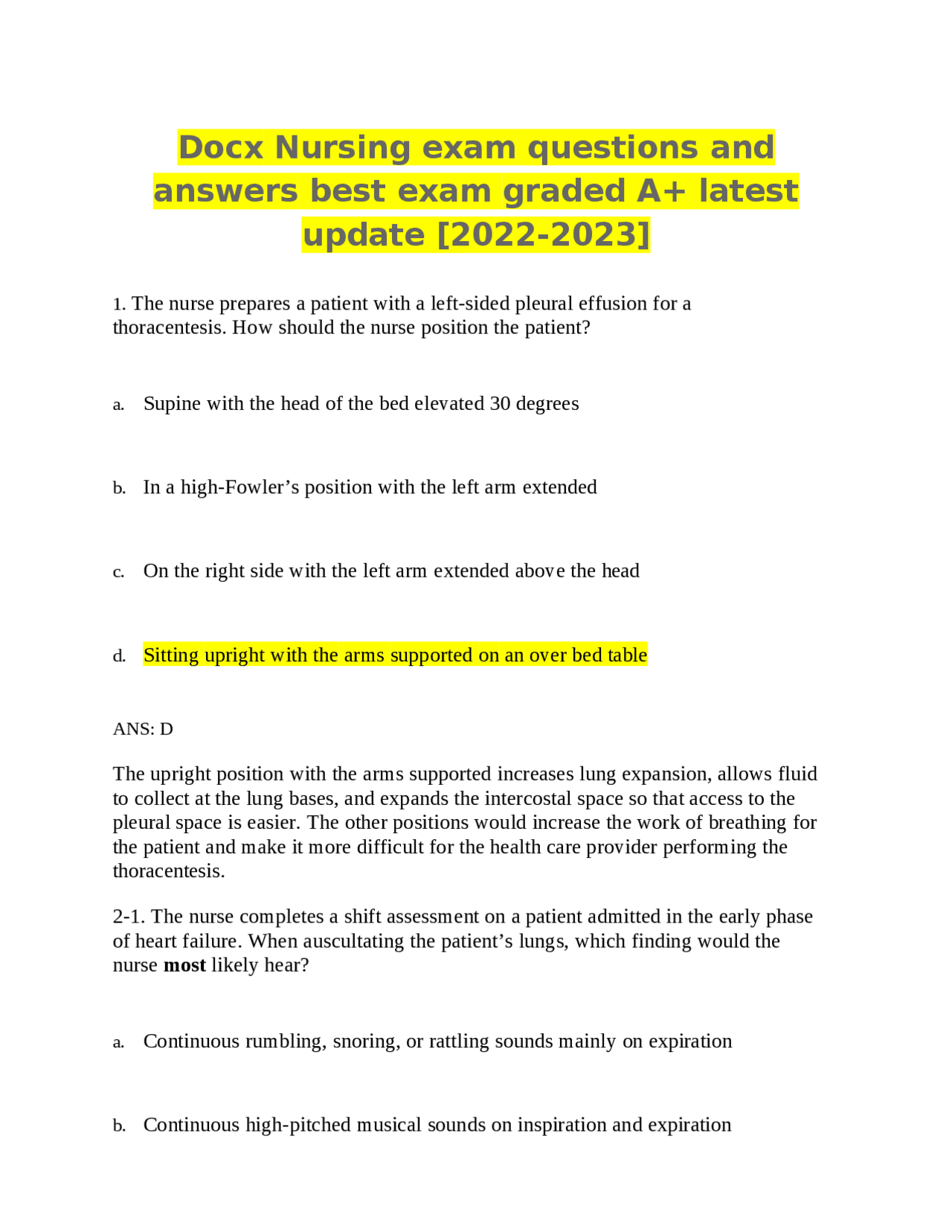 Docx Nursing exam questions and answers best exam graded A+ latest ...