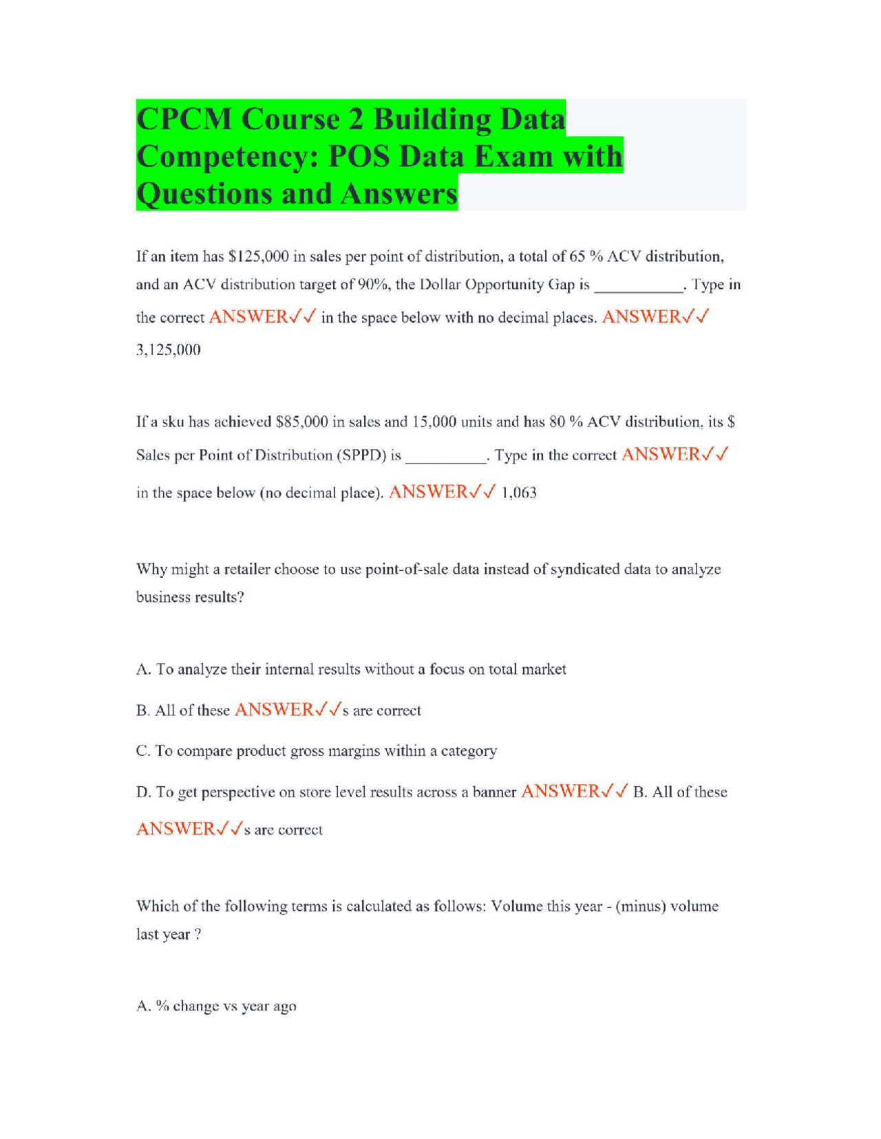 CPCM Course 2 Building Data Competency: POS Data Exam with Questions ...