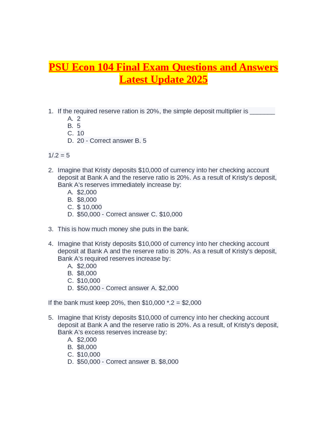 PSU Econ 104 Final Exam Questions and Answers: A Guide to Key Concepts ...