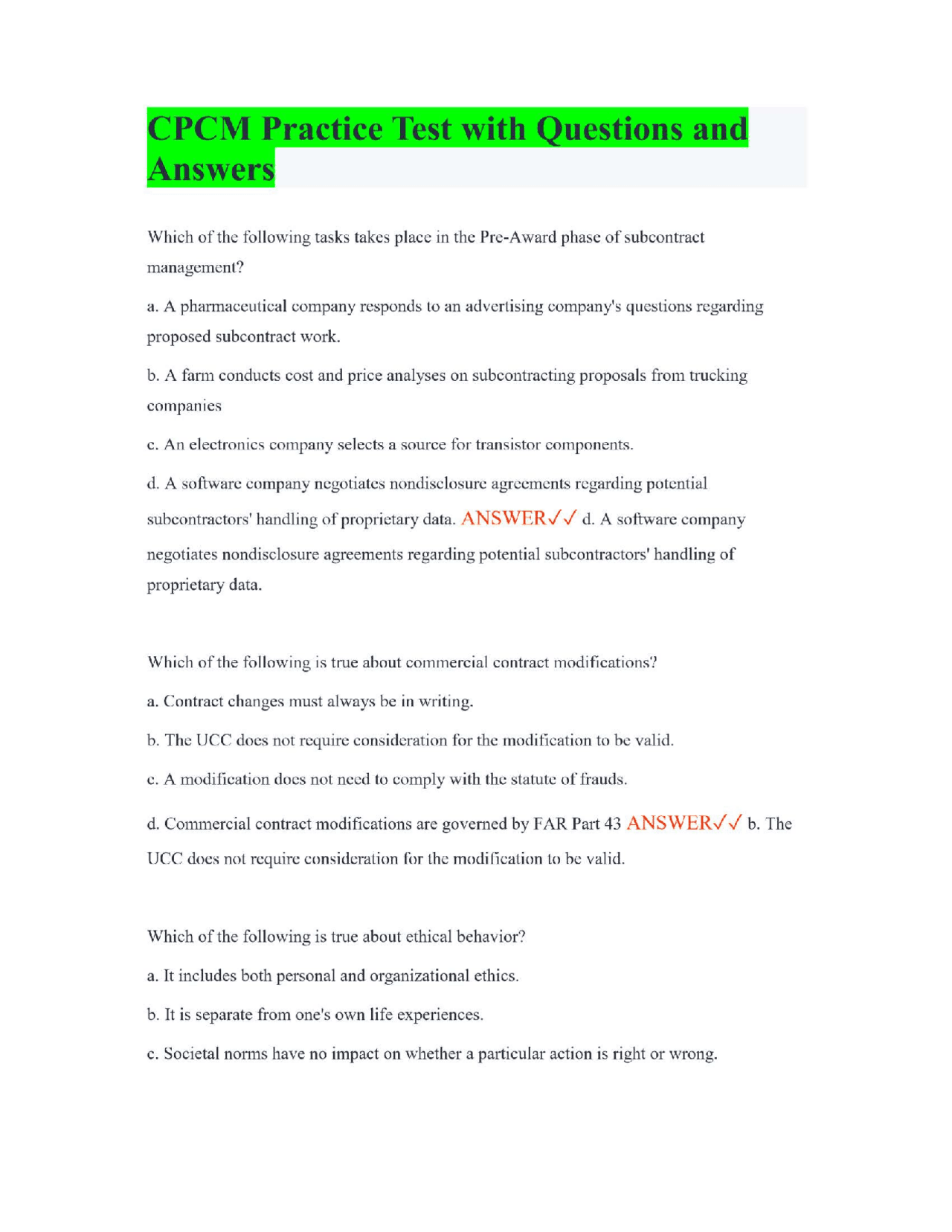 CPCM Practice Test with Questions and Answers | Exams Business ...