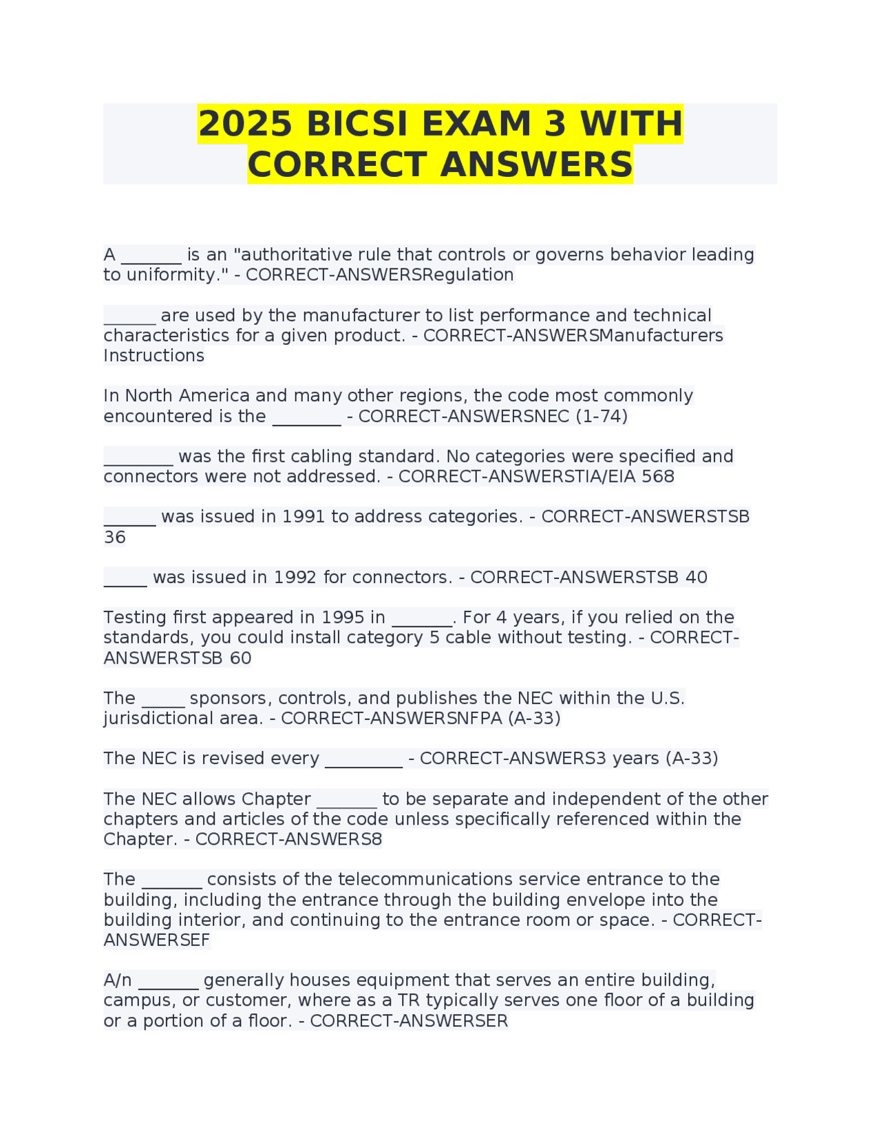 2025 BICSI EXAM 3 WITH CORRECT ANSWERS | Exams Advanced Education | Docsity