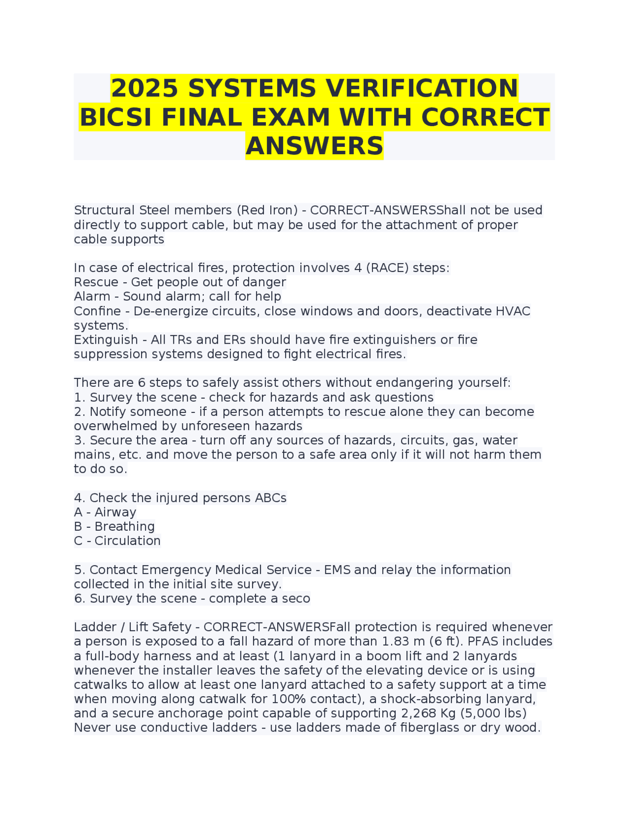 2025 SYSTEMS VERIFICATION BICSI FINAL EXAM WITH CORRECT ANSWERS | Exams ...