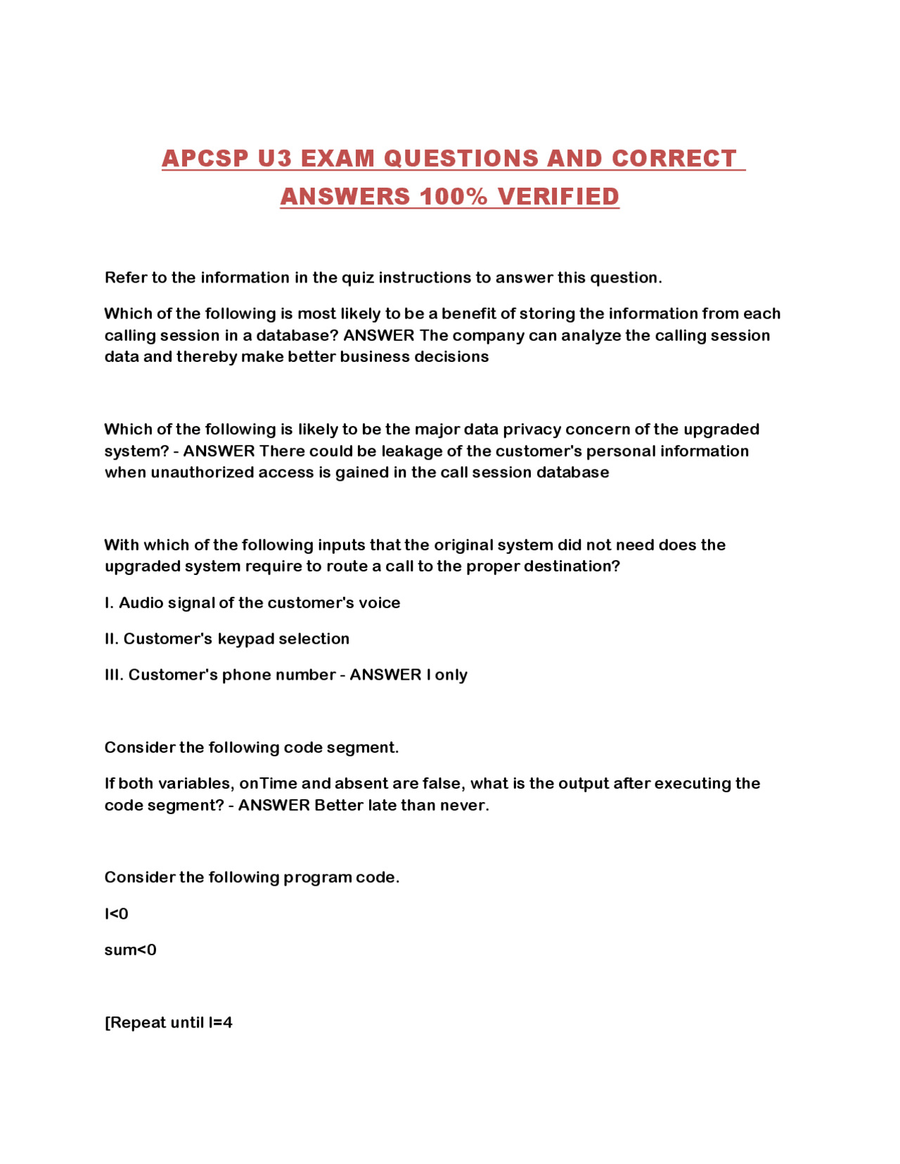 APCSP U3 Exam Questions and Answers: A Guide to Computer Science ...