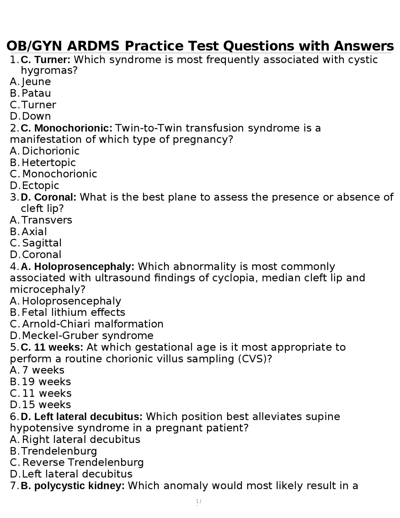 OB/GYN ARDMS Practice Test Questions with Answers | Exams Gynecology ...