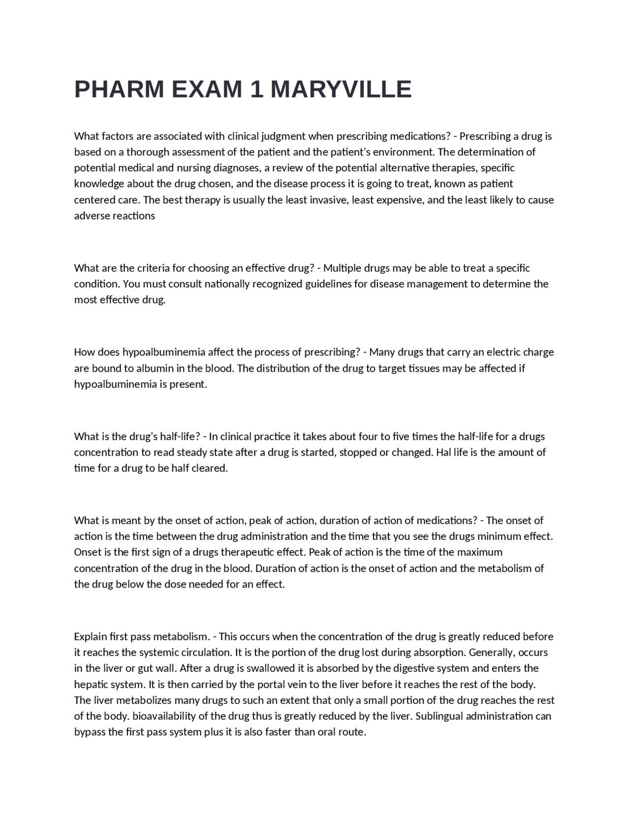 PHARM EXAM 1 QUESTIONS AND ANSWERS MARYVILLE | Exams Pharmacology | Docsity